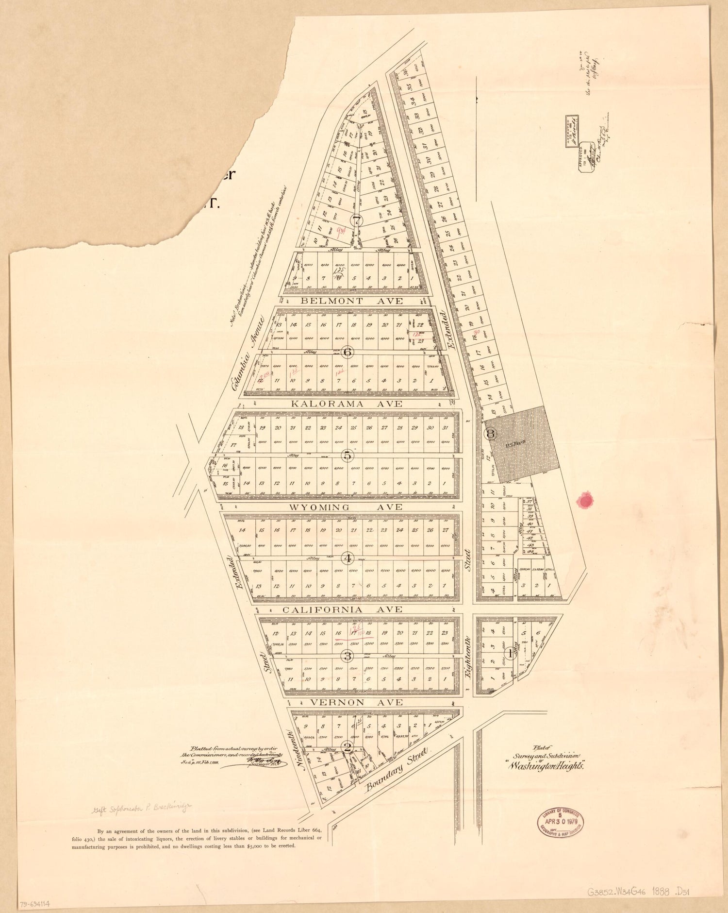 This old map of Plat of Survey and Subdivision of Washington Heights from 1888 was created by  District of Columbia. Board of Commissioners,  District of Columbia. Office of the Surveyor, A. P. Fardon, William Forsyth in 1888