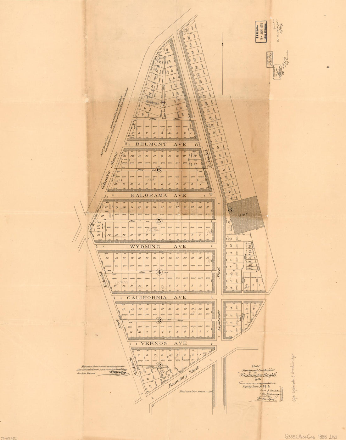 This old map of Plat of Survey and Subdivision of Washington Heights : by the Commissioners Appointed In Equity Cause No. 9912 from 1888 was created by  District of Columbia. Board of Commissioners,  District of Columbia. Office of the Surveyor, William 