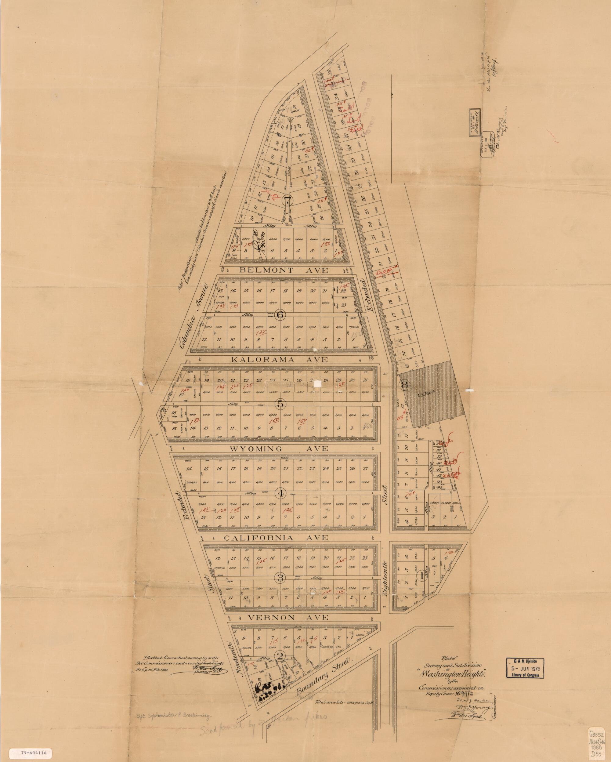 This old map of Plat of Survey and Subdivision of Washington Heights : by the Commissioners Appointed In Equity Cause No. 9912 from 1888 was created by  District of Columbia. Board of Commissioners,  District of Columbia. Office of the Surveyor, William 