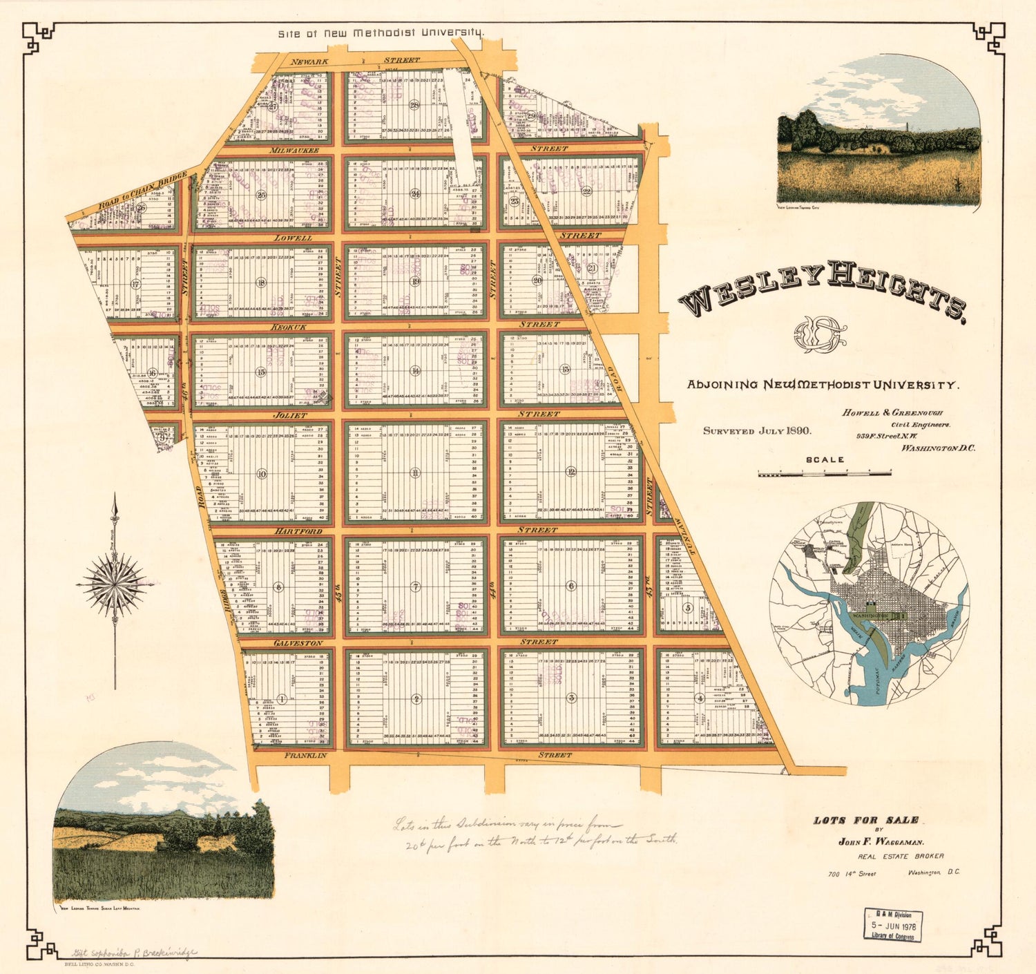 This old map of Wesley Heights, Adjoining New Methodist University from 1890 was created by  Howell &amp; Greenough, John F. Waggaman in 1890