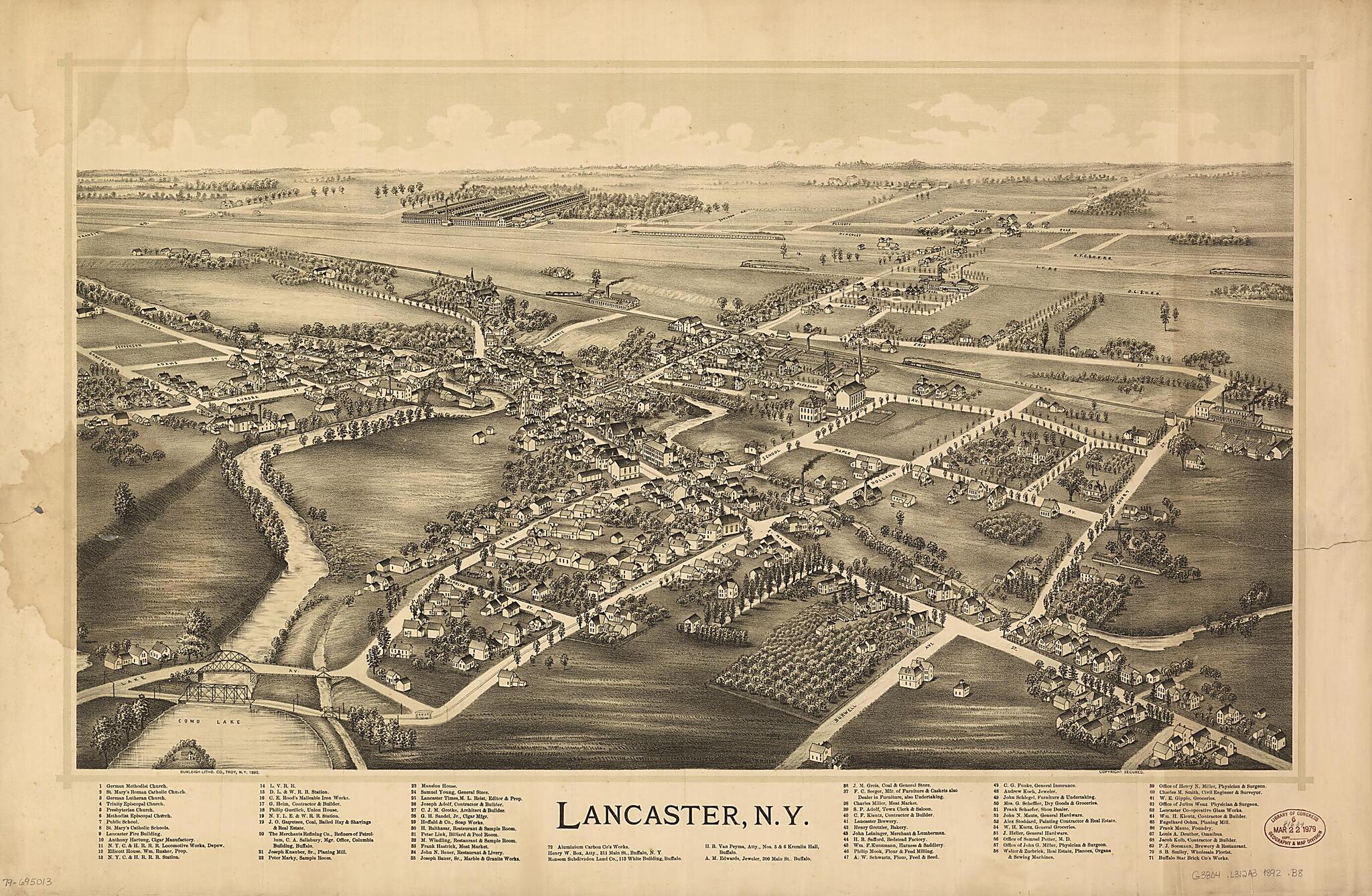 This old map of Lancaster, New York from 1892 was created by  Burleigh Litho in 1892