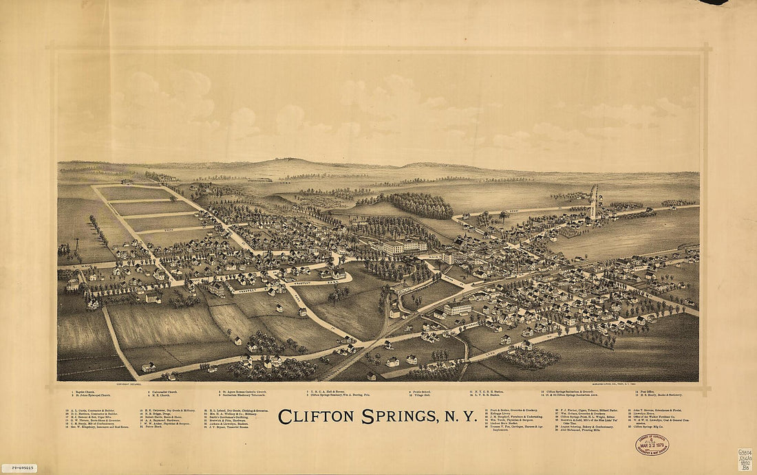 This old map of Clifton Springs, New York from 1892 was created by  Burleigh Litho in 1892