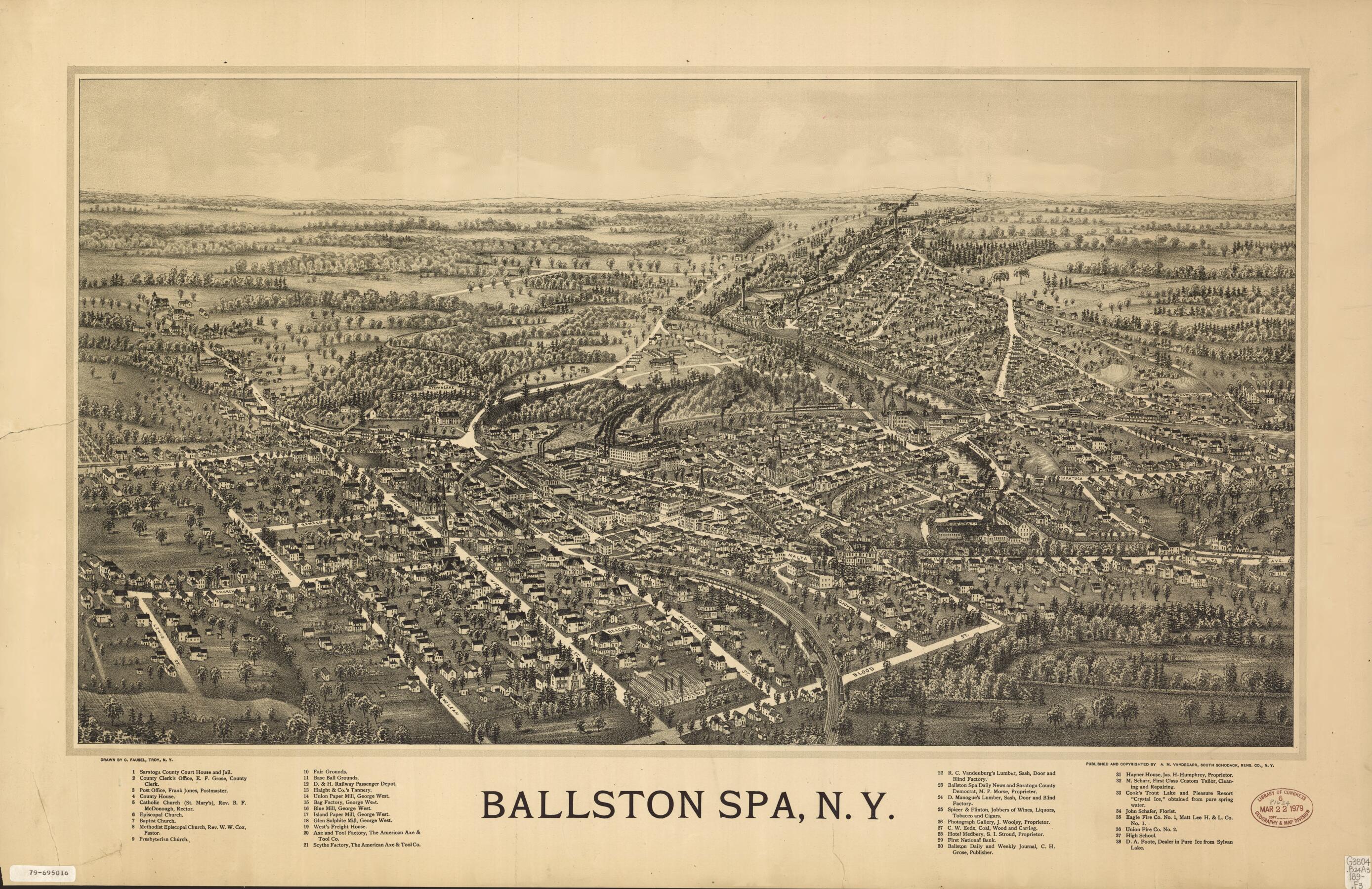 This old map of Ballston Spa, New York from 1890 was created by C. (Christian) Fausel, A. M. Vandecarr in 1890