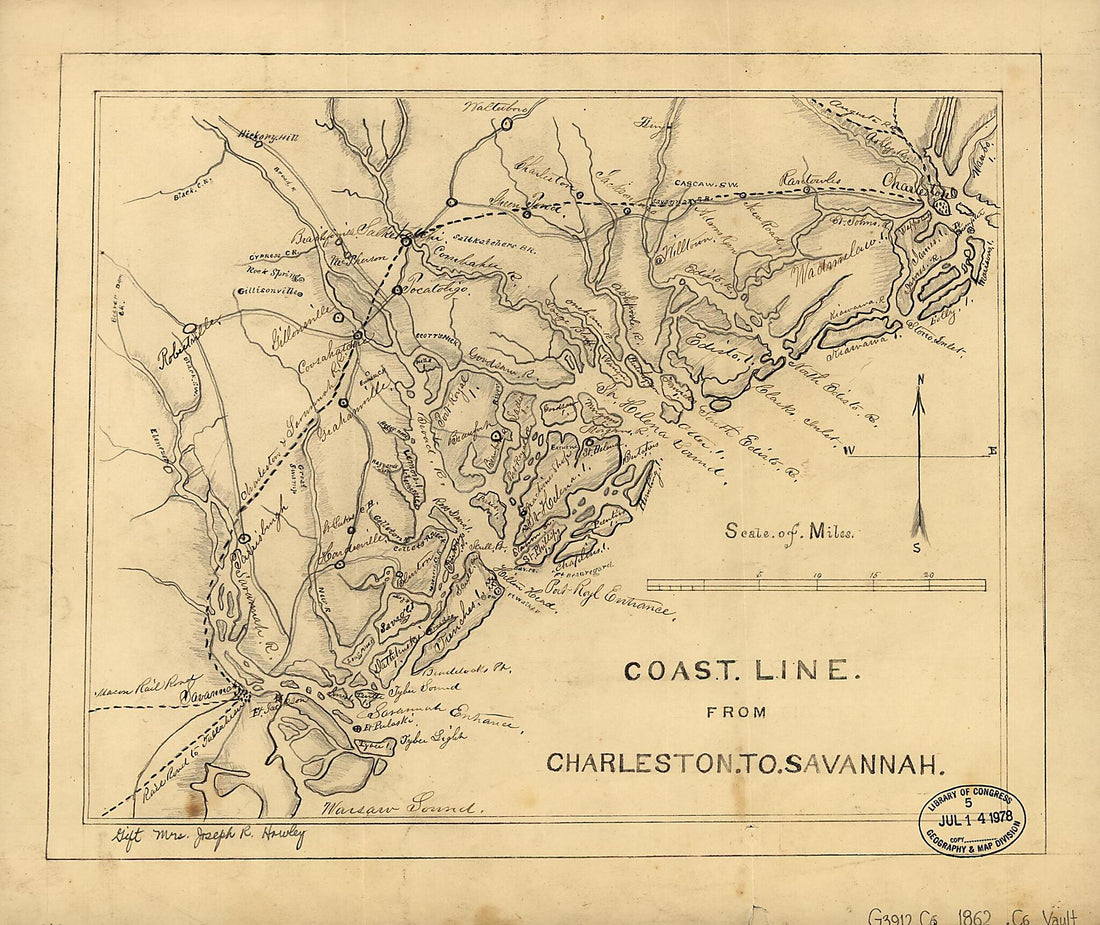 This old map of Coast Line from Charleston to Savannah from 1862 was created by Joseph R. (Joseph Roswell) Hawley in 1862