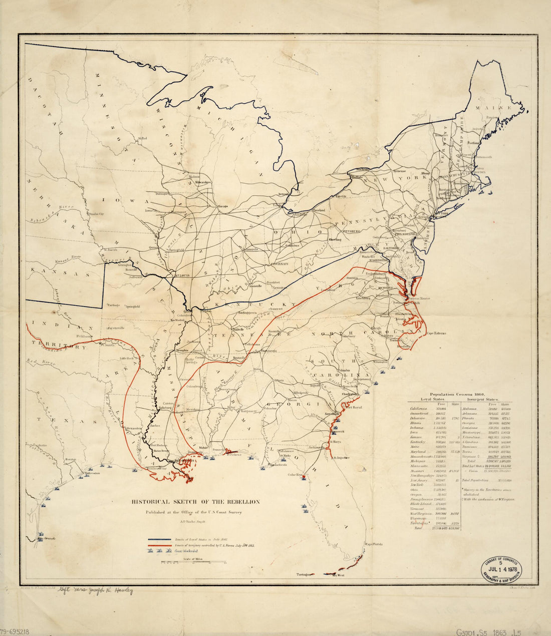 This old map of Historical Sketch of the Rebellion : United States from 1863 was created by Joseph R. (Joseph Roswell) Hawley, H. (Henry) Lindenkohl,  U.S. Coast and Geodetic Survey in 1863