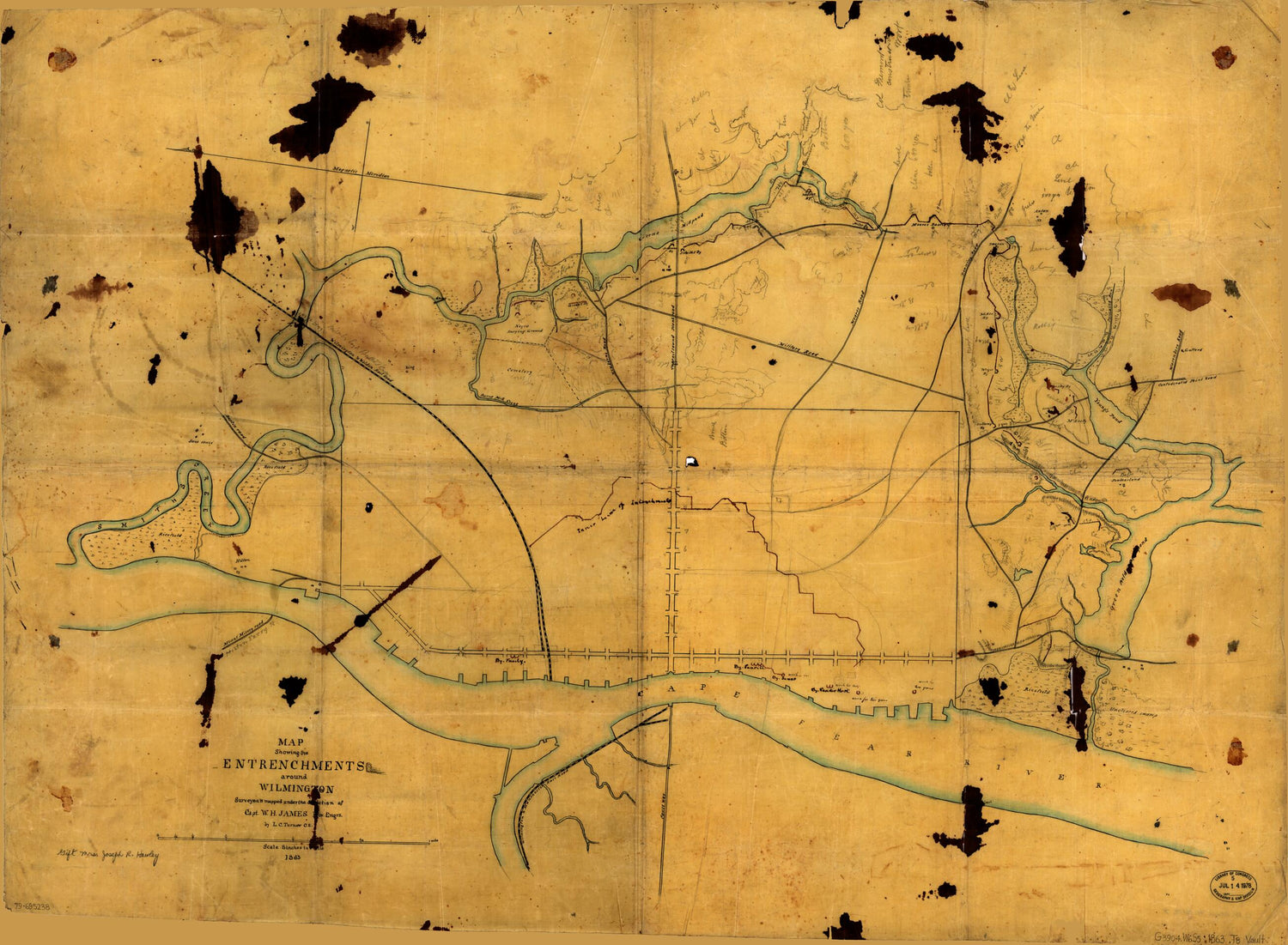 This old map of Map Showing the Entrenchments Around Wilmington from 1863 was created by Joseph R. (Joseph Roswell) Hawley, W. H. James, L. C. Turner in 1863