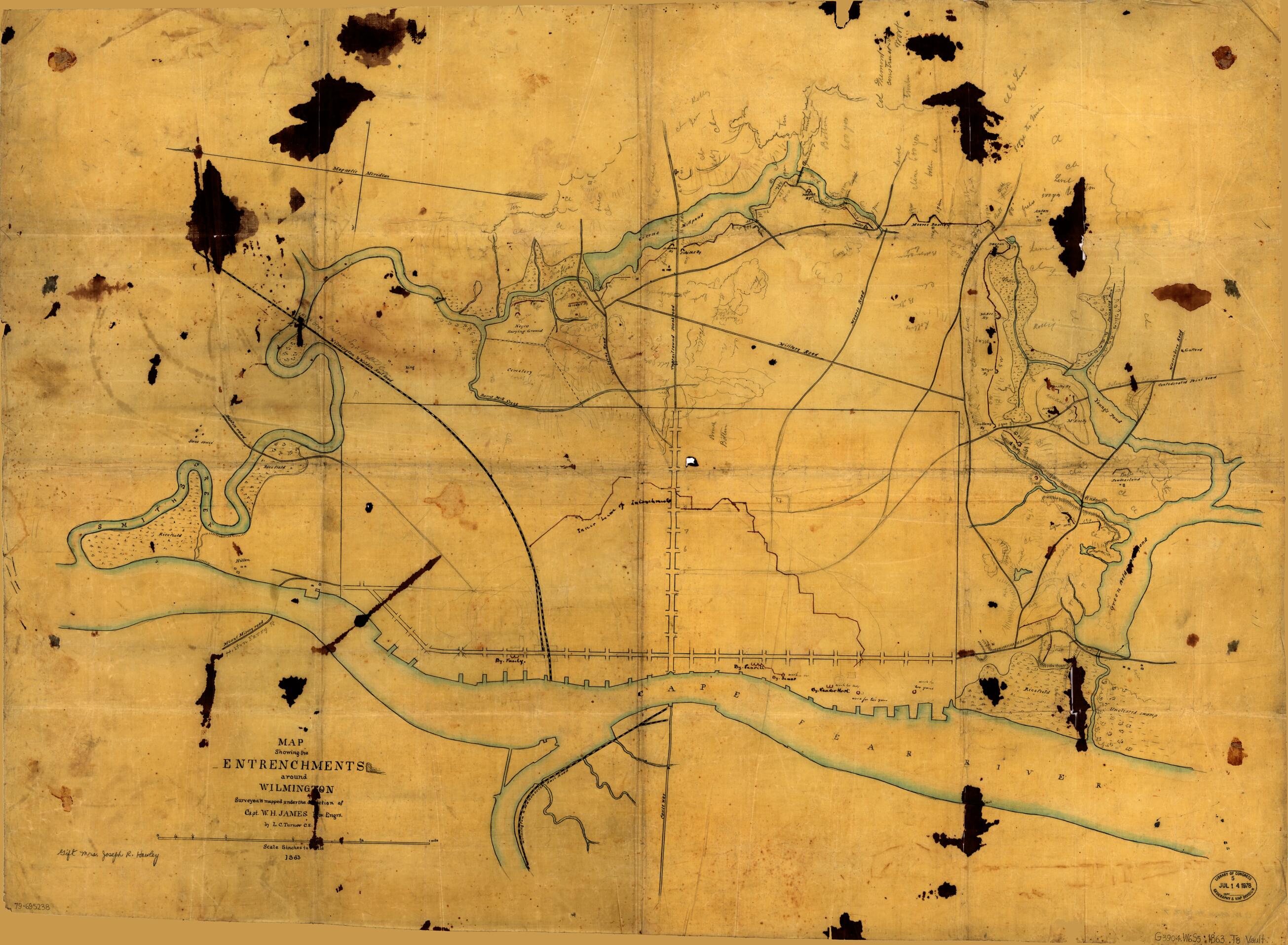 This old map of Map Showing the Entrenchments Around Wilmington from 1863 was created by Joseph R. (Joseph Roswell) Hawley, W. H. James, L. C. Turner in 1863