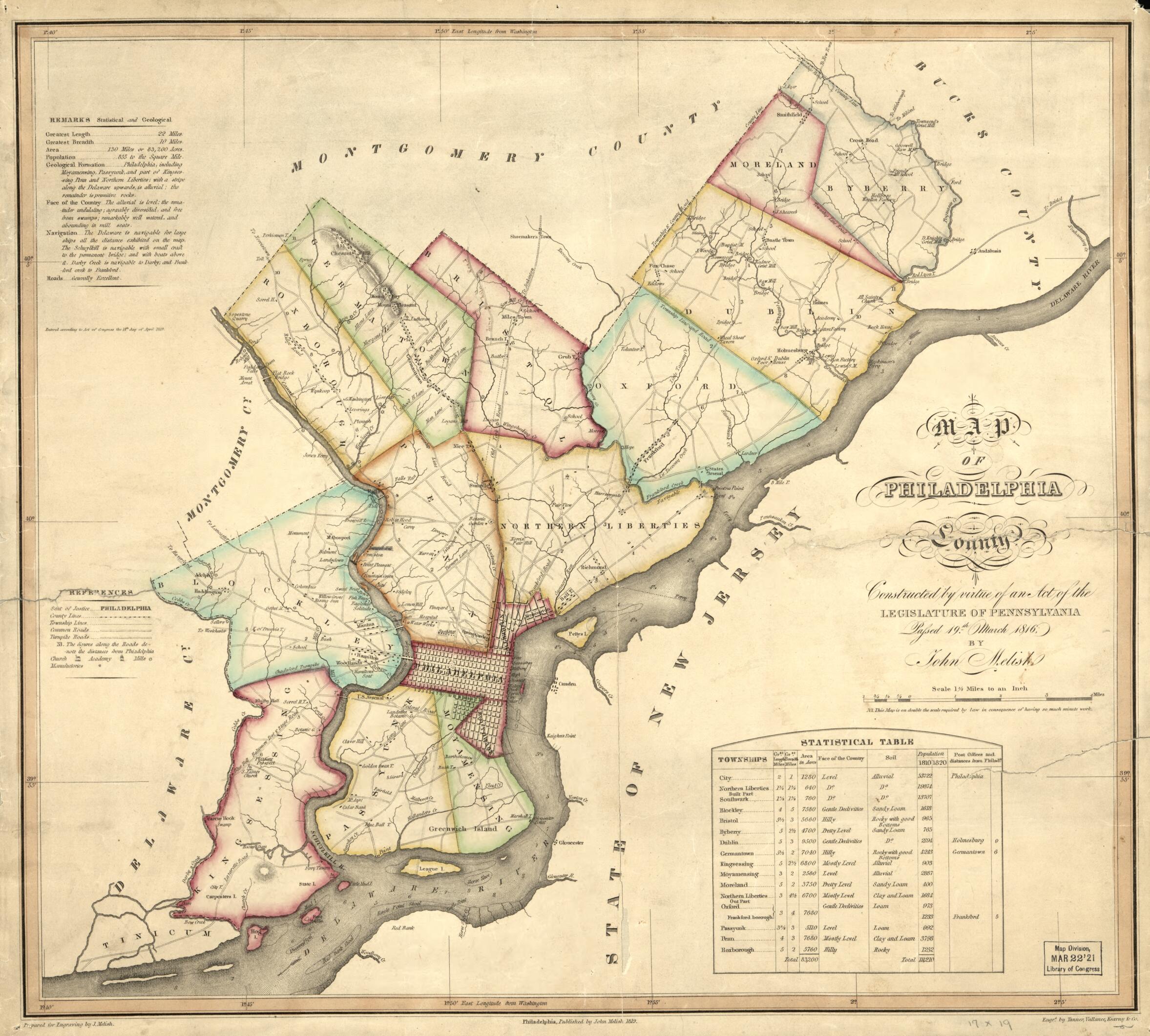 This old map of Map of Philadelphia County : Constructed by Virtue of an Act of the Legislature of Pennsylvania Passed 19th March 1816 from 1819 was created by John Melish, Vallance Tanner in 1819