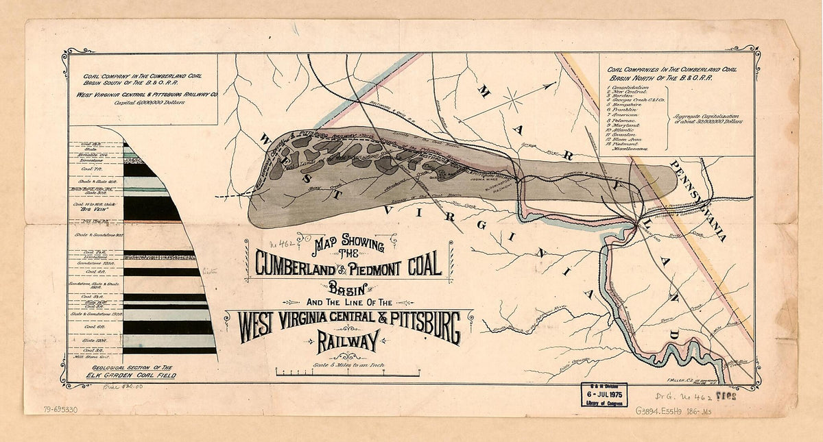 Map Showing the Cumberland Or Piedmont Coal Basin and the Line of the West Virginia Central &amp; Pittsburg Railway 1860 by Relic Map Company
