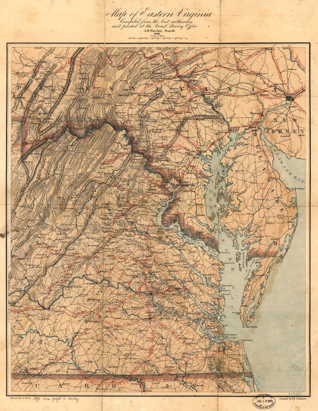 This old map of Map of Eastern Virginia from 1863 was created by A. D. (Alexander Dallas) Bache, Joseph R. (Joseph Roswell) Hawley, Charles G. Krebs, W. L. Nicholson,  U.S. Coast and Geodetic Survey in 1863