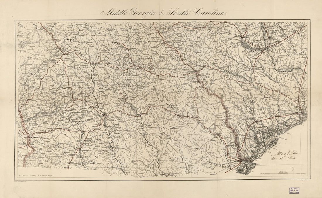 This old map of Middle Georgia &amp; South Carolina (Middle Georgia and South Carolina) from 1865 was created by A. D. (Alexander Dallas) Bache, Millard Fillmore, Joseph R. (Joseph Roswell) Hawley, Charles G. Krebs, A. Lindenkohl,  United States Coast Survey