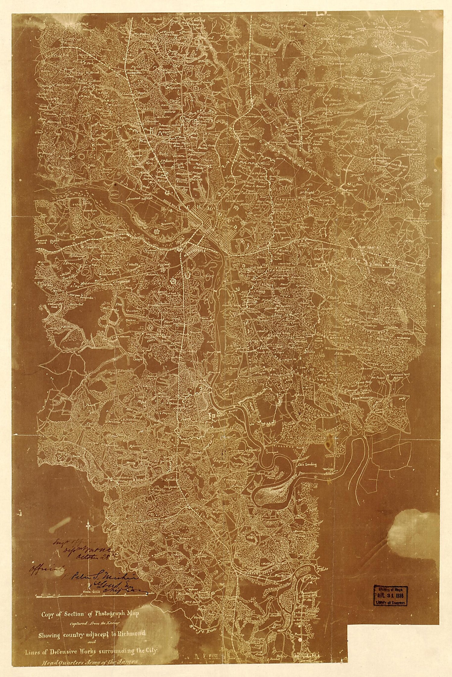 This old map of Copy of Section of Photograph Map Captured from the Enemy, Showing Country Adjacent to Richmond and Lines of Defensive Works Surrounding the City from 1864 was created by Joseph R. (Joseph Roswell) Hawley, Peter Smith Michie,  United Stat