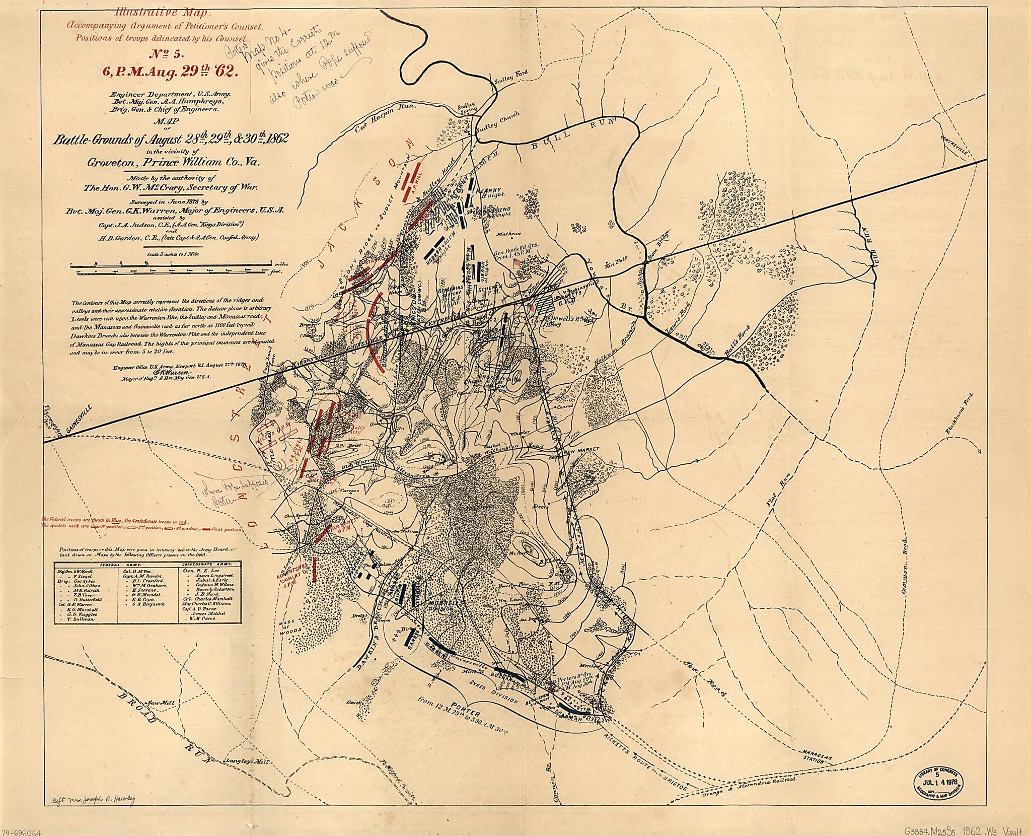 This old map of Grounds of August 28th, 29th &amp; 30th, 1862, In the Vicinity of Groveton, Prince William County, Va from 1878 was created by Joseph R. (Joseph Roswell) Hawley, A. A. (Andrew Atkinson) Humphreys, George W. (George Washington) McCrary,  Unite