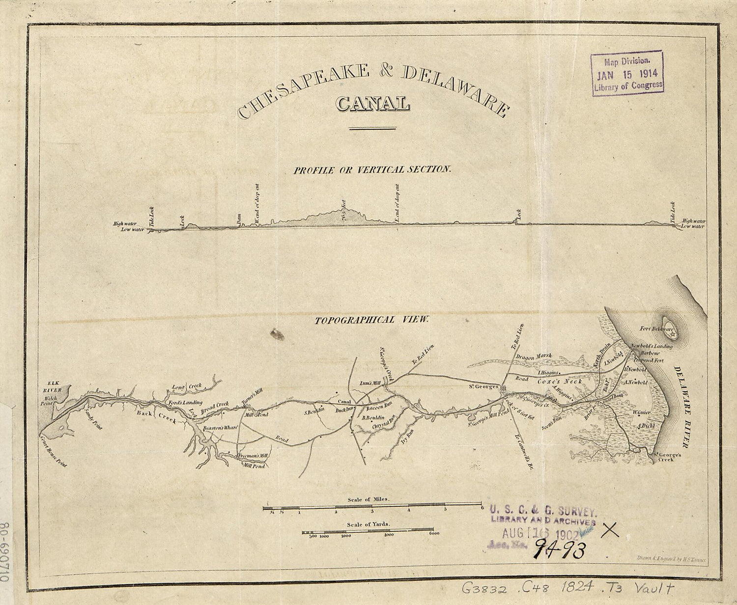 This old map of Chesapeake &amp; Delaware Canal, Topographical View from 1824 was created by  Chesapeake and Delaware Canal Company, Henry Schenck Tanner in 1824