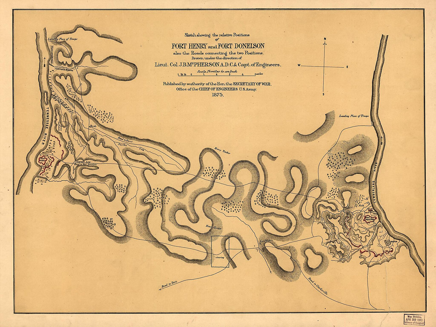 This old map of Sketch Showing the Relative Positions of Fort Henry and Fort Donelson, Also the Roads Connecting the Two Positions from 1875 was created by James Birdseye McPherson,  United States. Army. Corps of Engineers in 1875