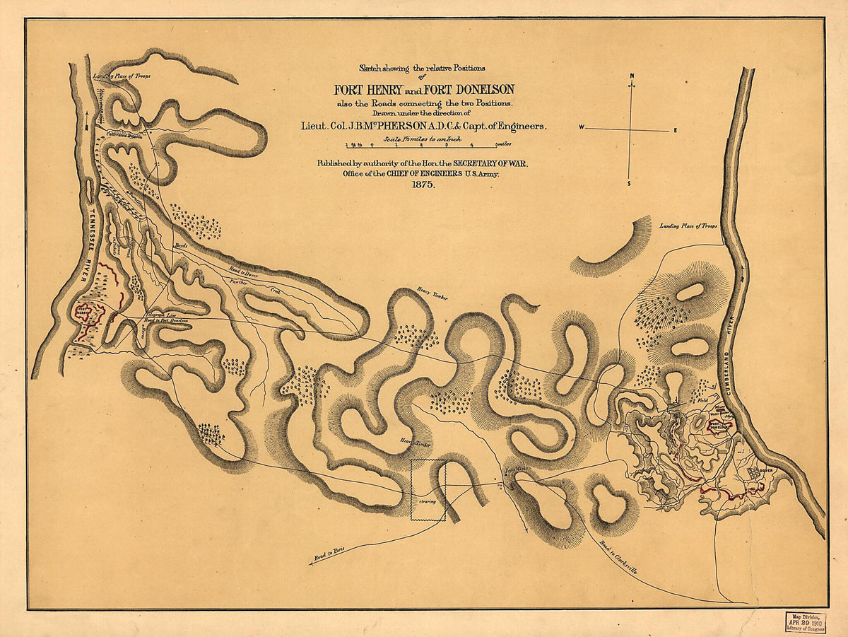 Sketch Showing the Relative Positions of Fort Henry and Fort Donelson, Also the Roads Connecting the Two Positions 1875 by Relic Map Company