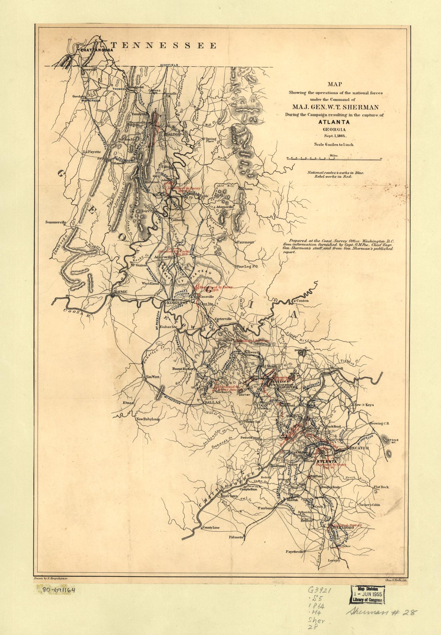This old map of Map Showing the Operations of the National Forces Under the Command of Maj. Gen. W.T. Sherman During the Campaign Resulting In the Capture of Atlanta, Georgia, Sept. 1, from 1864 was created by E. (Edwin) Hergesheimer, Charles G. Krebs, O