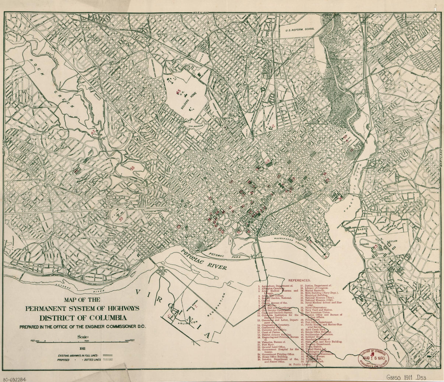 This old map of Map of the Permanent System of Highways, District of Columbia from 1911 was created by  Office of the Engineer Commissioner D.C. in 1911