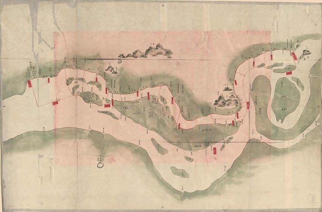 This old map of Meng Heying Hui Cheng Beiying Xun Jing Jiang Cheng Li Shu Jie Zhi Tu. (孟河營繪呈卑營汛境江程里数界址图, Military Map of the Menghe Naval Brigade In Yangtze River) from 1864 was created by  in 1864