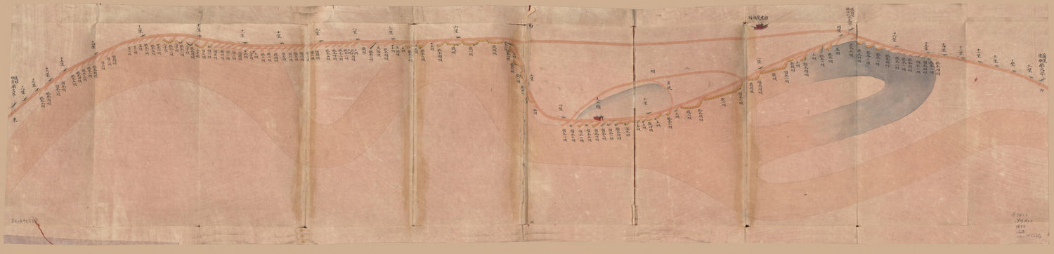 This old map of Lan, Yi, Sui San Ting Guangxu Er Nian Fen He Dao Qi Zhi Li Shu Gong Cheng Duan Luo Zhang Chi Zong He Tu (蘭,儀,睢三廳光绪二年分河道起止里數工程段落丈尺总河圖, Map of the Southern Embankment of the Yellow River In 