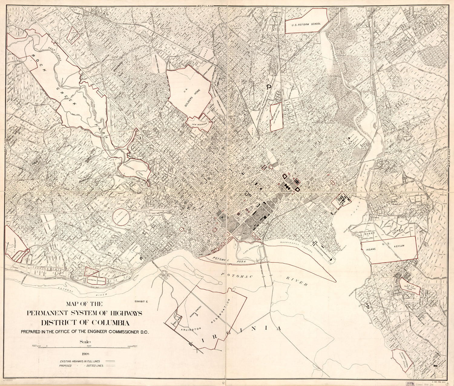 This old map of Map of the Permanent System of Highways, District of Columbia from 1908 was created by  Office of the Engineer Commissioner D.C. in 1908