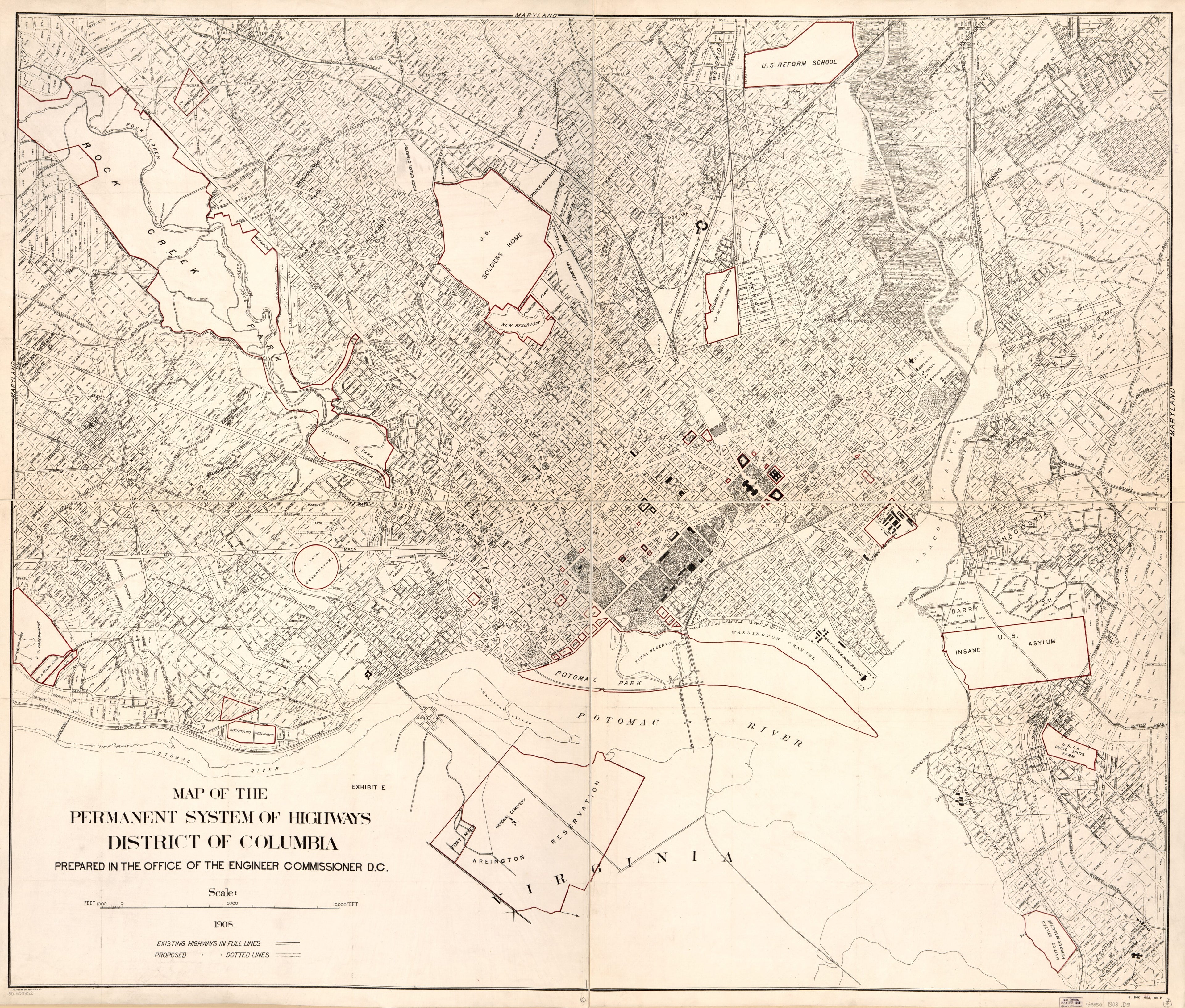 This old map of Map of the Permanent System of Highways, District of Columbia from 1908 was created by  Office of the Engineer Commissioner D.C. in 1908