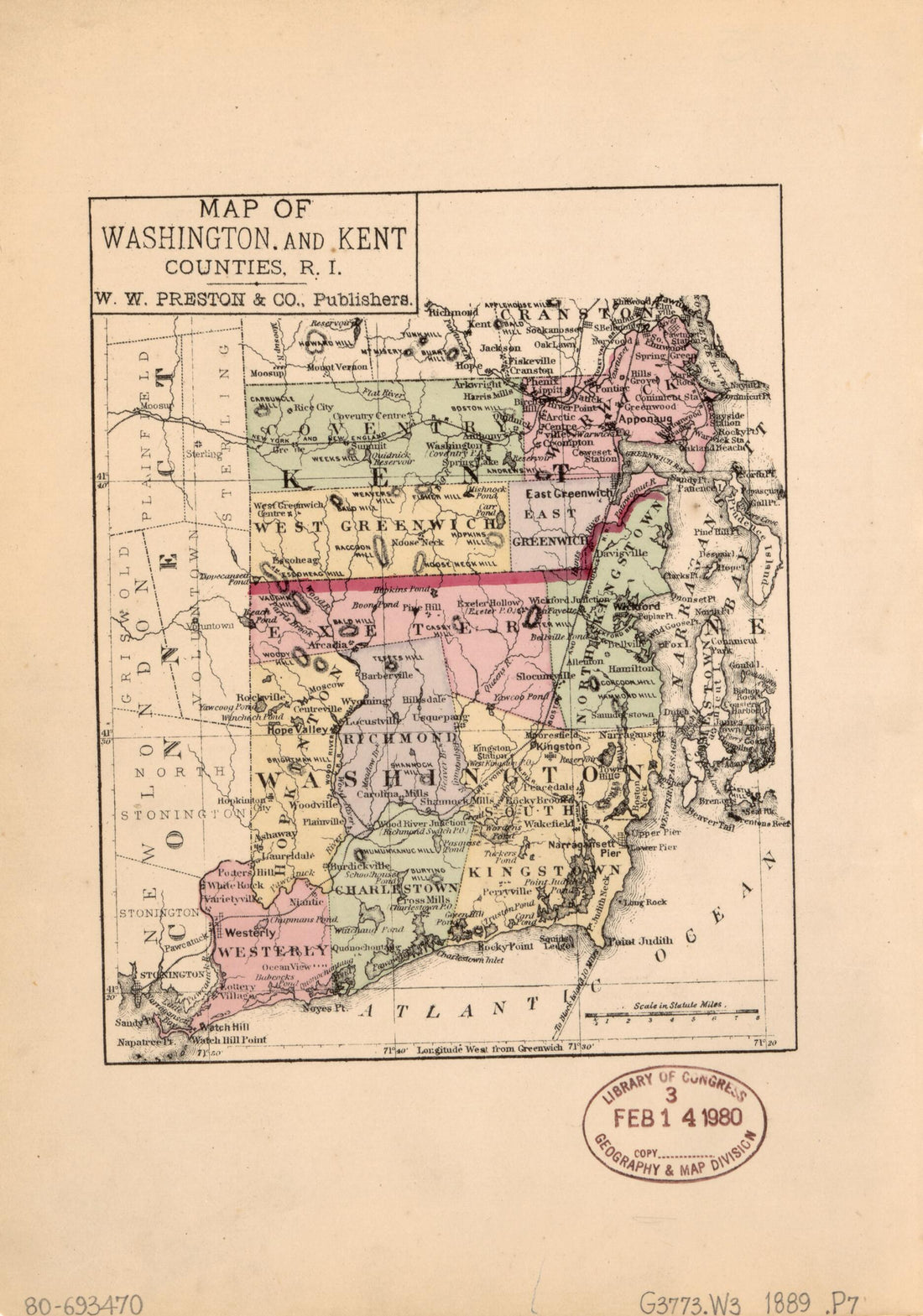 This old map of Map of Washington and Kent Counties, Rhode Island from 1889 was created by J. R. Cole, W.W. Preston in 1889