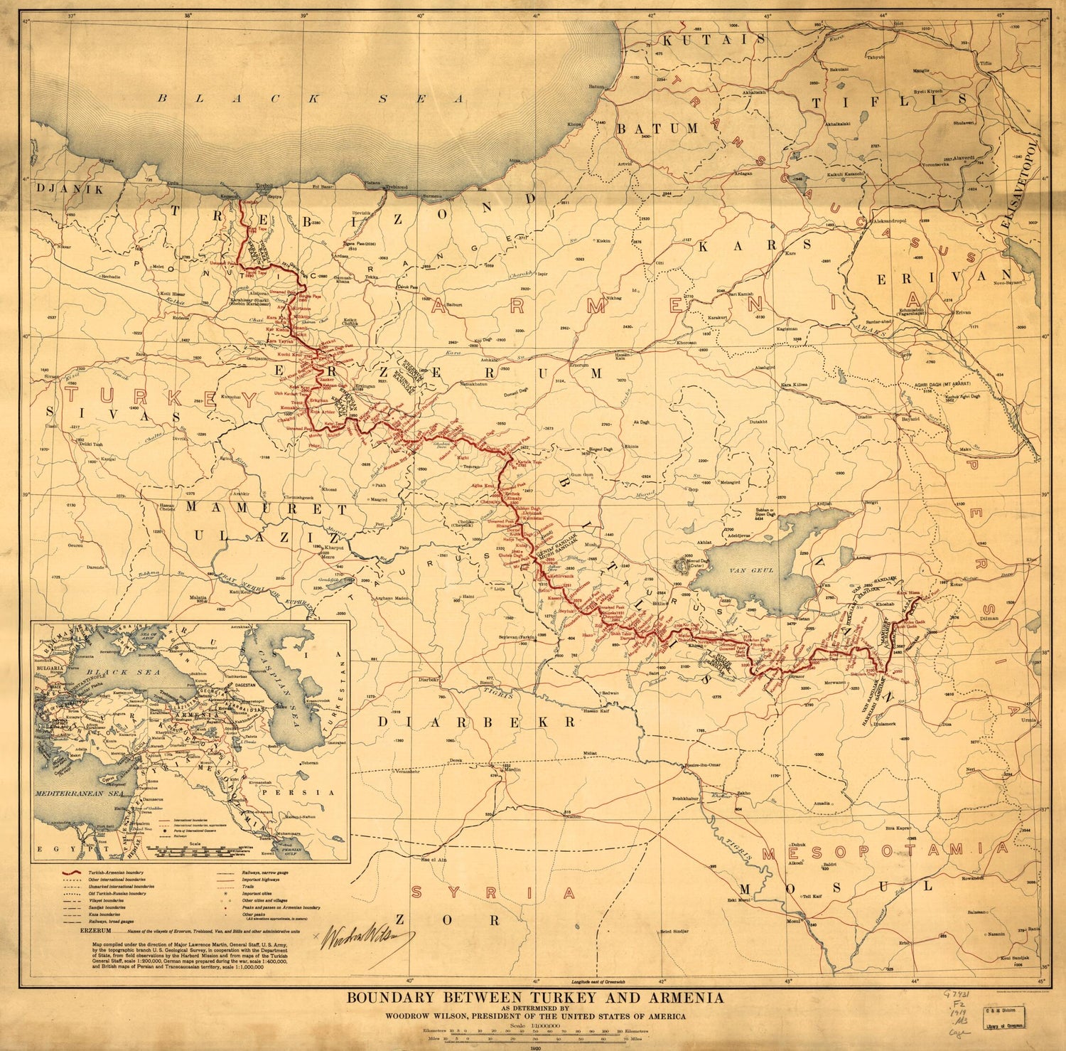 This old map of Boundary Between Turkey and Armenia : As Determined by Woodrow Wilson, President of the United States of America from 1920 was created by  Geological Survey (U.S.). Topographic Branch, Lawrence Martin,  United States. Department of State,