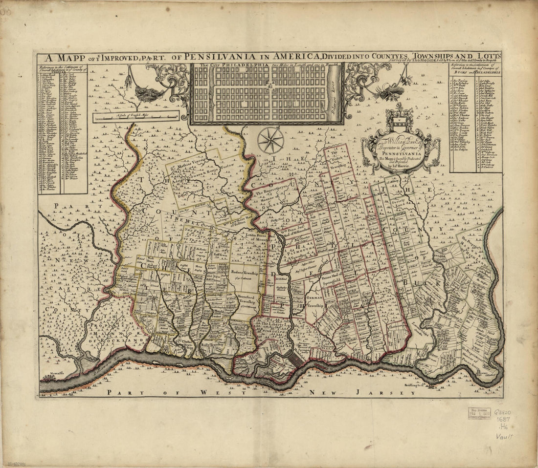 This old map of A Mapp of Ye Improved Part of Pensilvania In America, Divided Into Countyes, Townships, and Lotts from 1687 was created by John Harris, Thomas Holme, Philip Lea in 1687