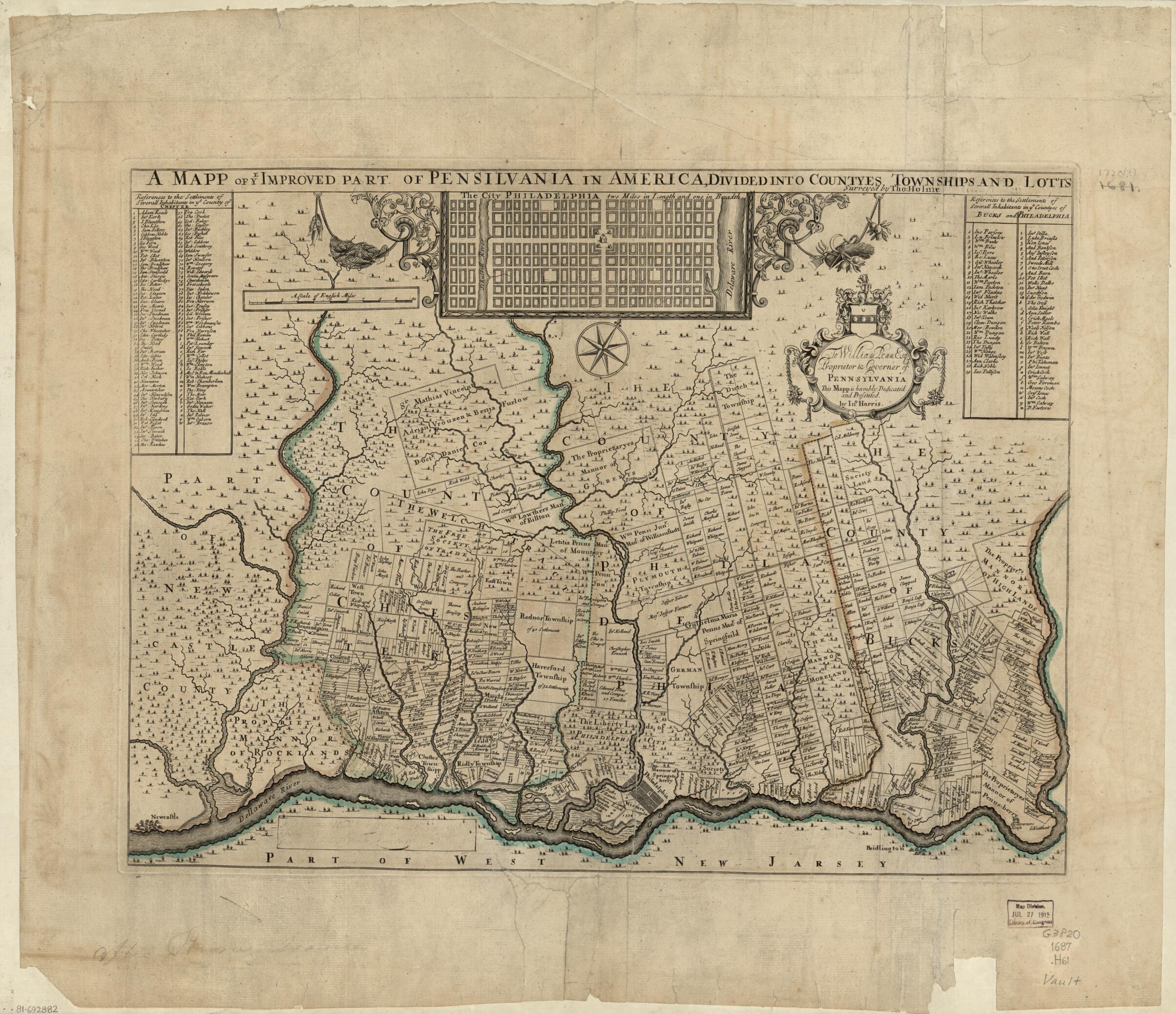 This old map of A Mapp of Ye Improved Part of Pensilvania In America, Divided Into Countyes, Townships, and Lotts from 1687 was created by John Harris, Thomas Holme, Philip Lea in 1687