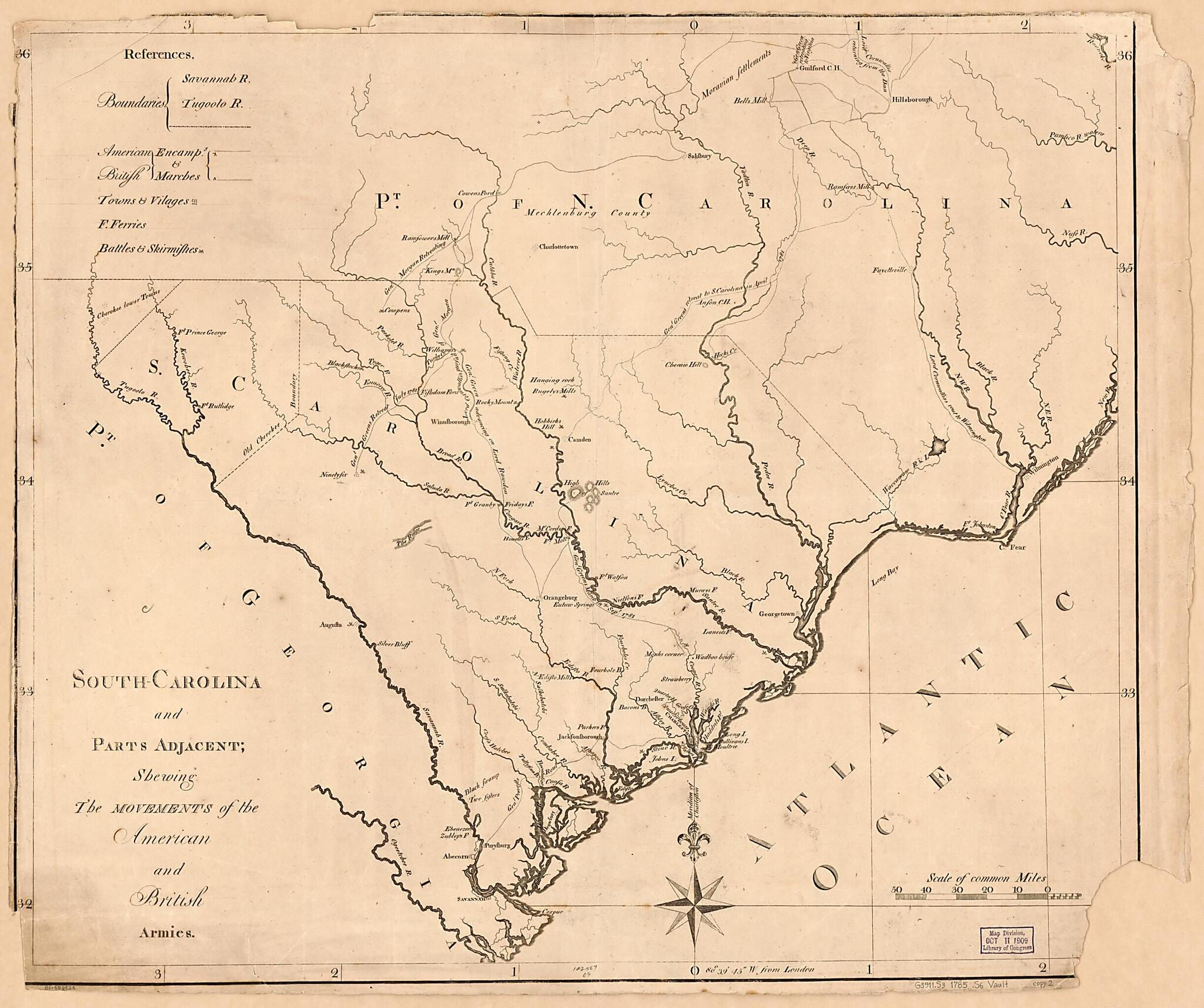 This old map of Carolina and Parts Adjacent, Shewing the Movements of the American and British Armies from 1781 was created by David Ramsay in 1781