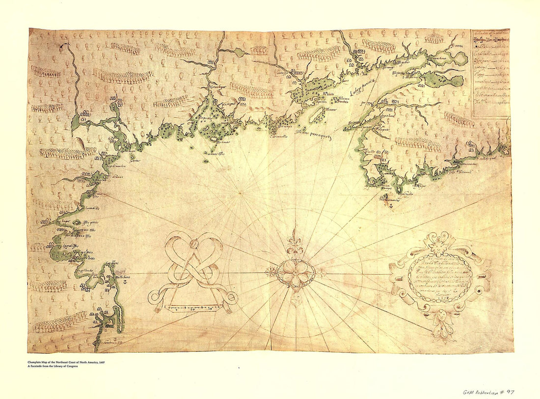 This old map of Descripsion Des Costs, Pts., Rades, Illes De La Nouuele France Faict Selon Son Vray Méridien : Avec La Déclinaison De La Ment De Plussieurs Endrois Selon Que Le Sieur De Castes Le Franc Le Démontre En Son Liure De La Mécométrie De L&