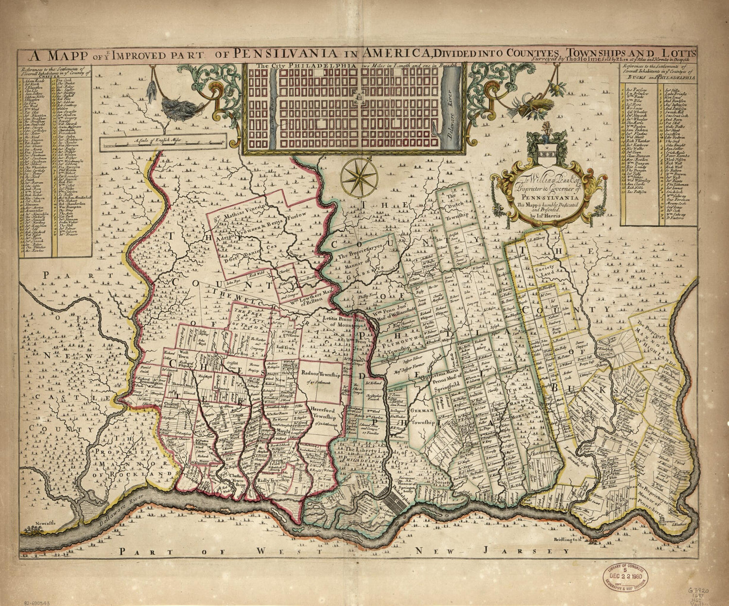 This old map of A Mapp of Ye Improved Part of Pensilvania In America, Divided Into Countyes, Townships, and Lotts from 1687 was created by John Harris, Thomas Holme, Philip Lea,  Lessing J. Rosenwald Collection (Library of Congress), William Penn, Lessin