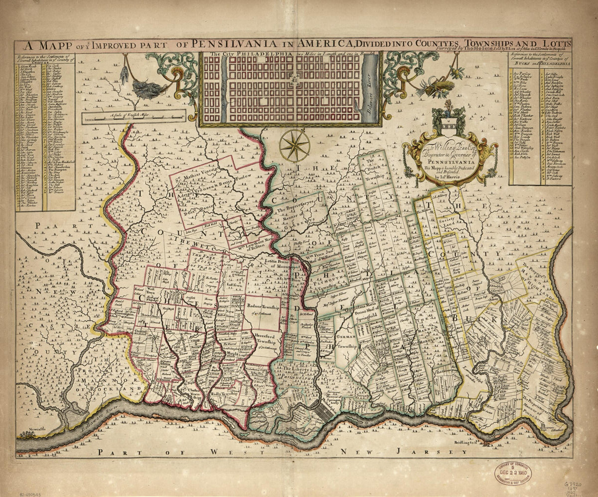 A Mapp of Ye Improved Part of Pensilvania In America, Divided Into Countyes, Townships, and Lotts in 1687 by Relic Map Company