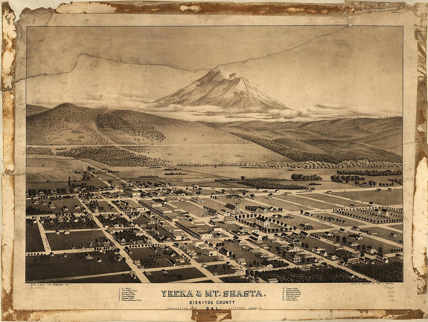 This old map of Yreka &amp; Mt. Shasta, Siskiyou County,California, Looking South East from 1884 was created by  Beck &amp; Pauli, Fred A. Walpole in 1884
