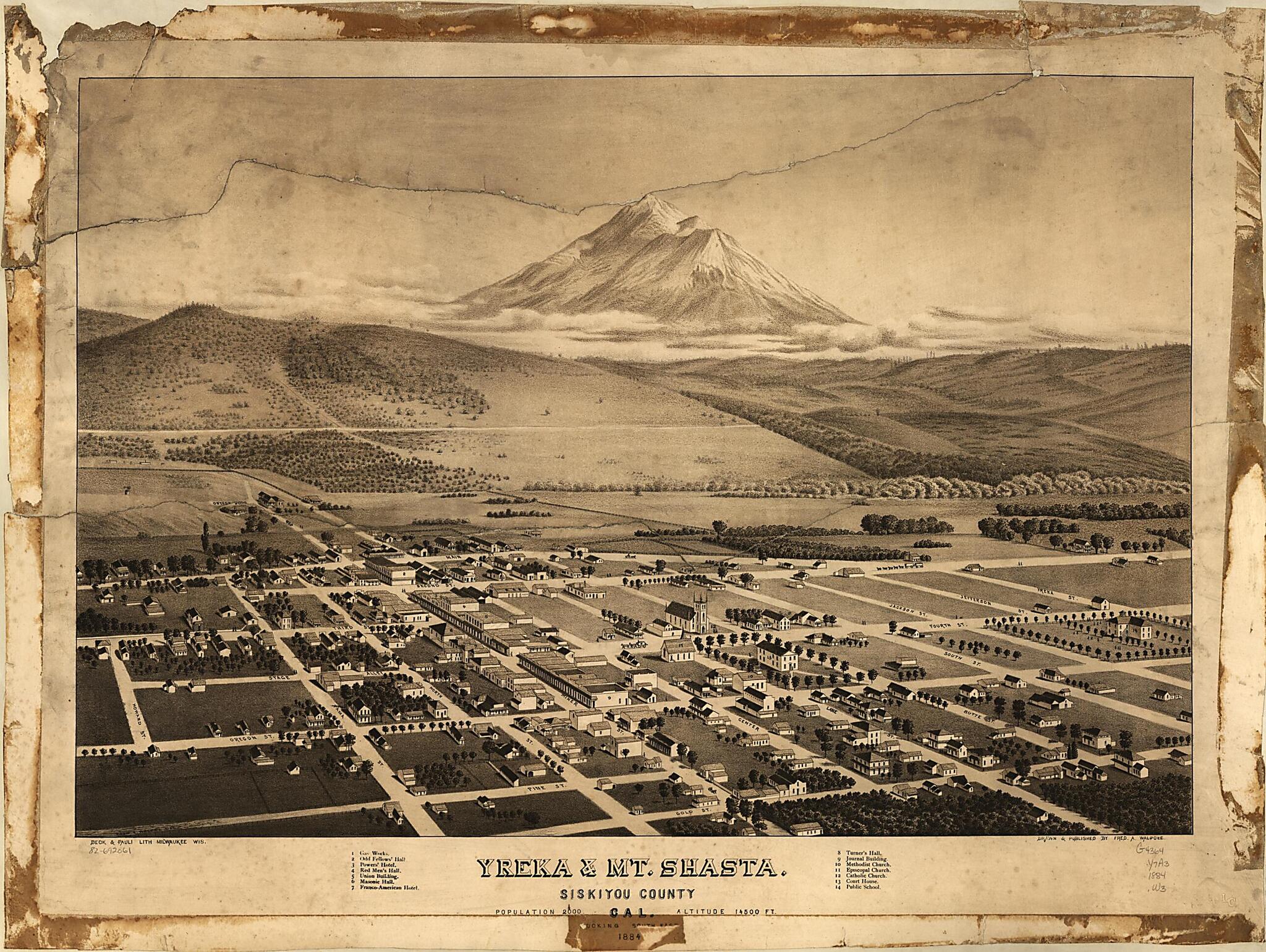 This old map of Yreka &amp; Mt. Shasta, Siskiyou County,California, Looking South East from 1884 was created by  Beck &amp; Pauli, Fred A. Walpole in 1884