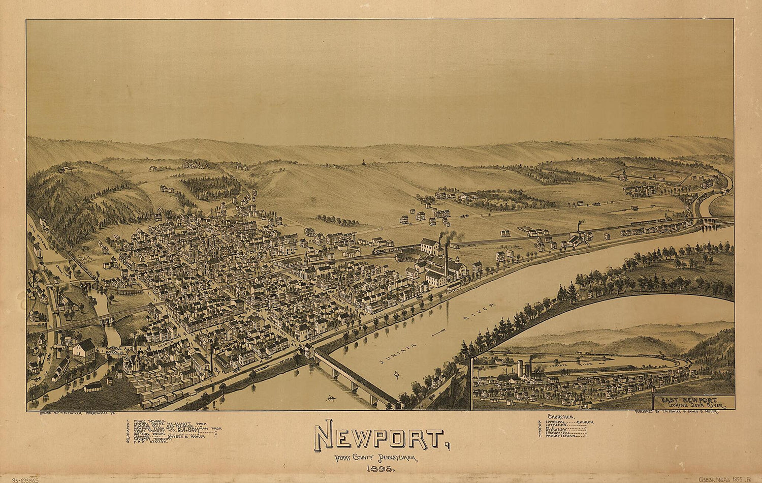 This old map of Newport, Perry County, Pennsylvania, from 1895 was created by T. M. (Thaddeus Mortimer) Fowler, James B. Moyer in 1895