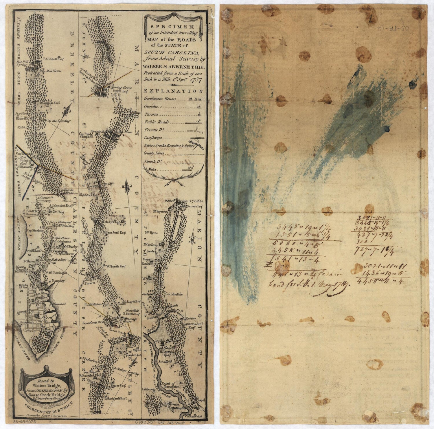 This old map of Specimen of an Intended Travelling Map of the Roads of the State of South Carolina, from Actual Survey from 1787 was created by  Abernethie,  Walker &amp; Abernethie in 1787