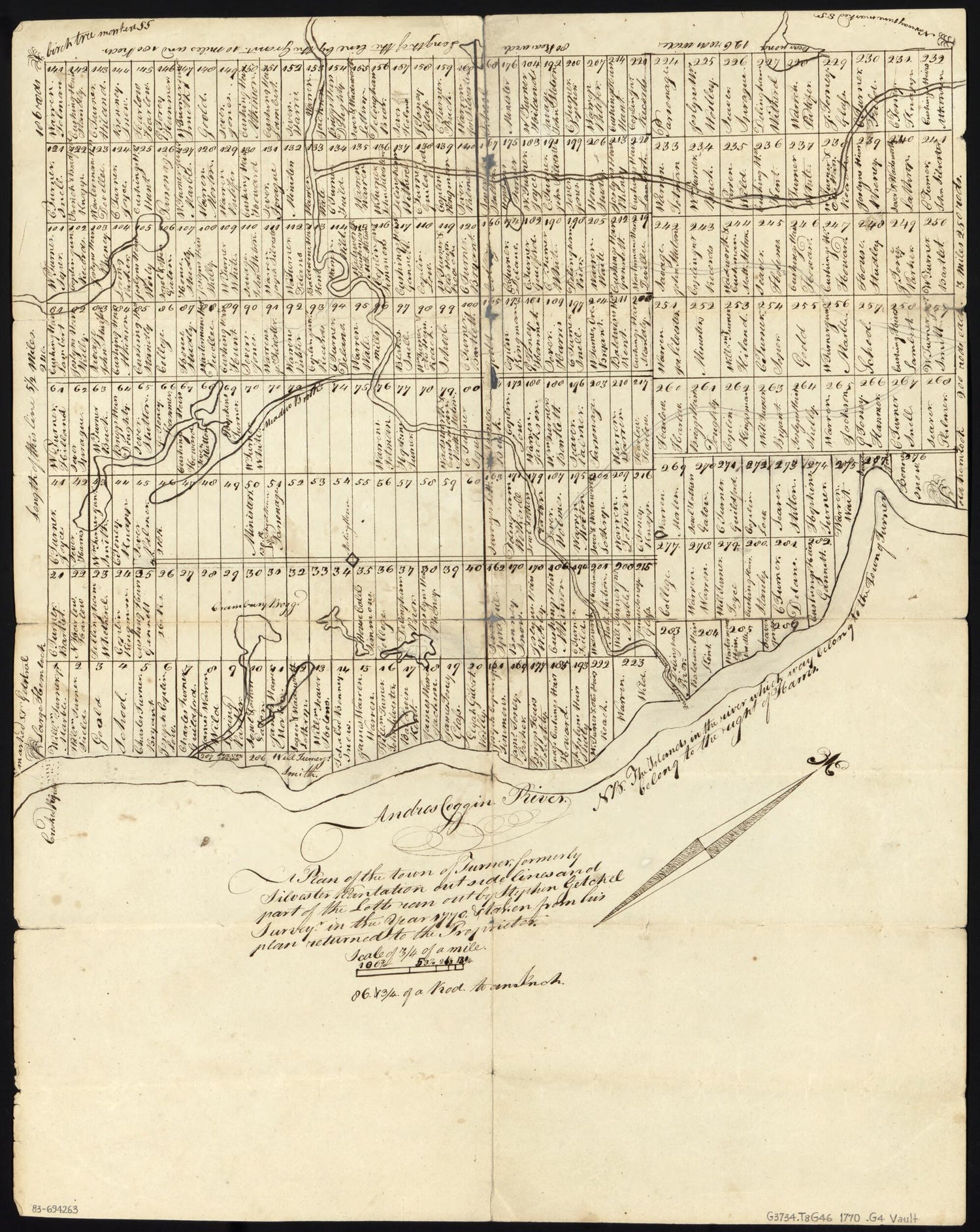 This old map of Plan of the Town of Turner, Formerly Silvester Plantation : Out Side Lines and Part of the Lotts Ran Out from 1770 was created by Stephen Getchel in 1770