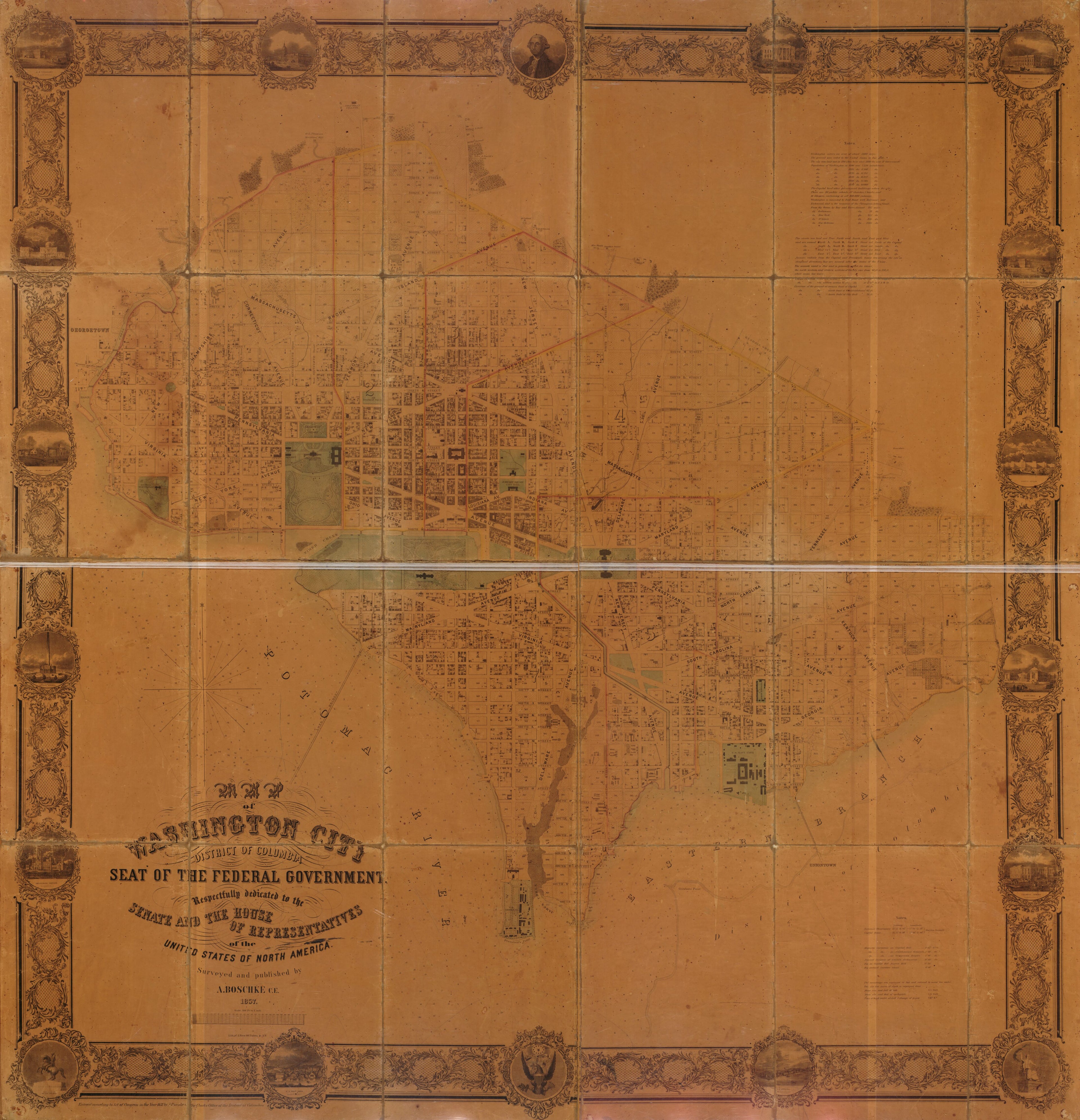 This old map of Map of Washington City, District of Columbia, Seat of the Federal Government : Respectfully Dedicated to the Senate and the House of Representatives of the United States of North America from 1857 was created by A. Boschke in 1857