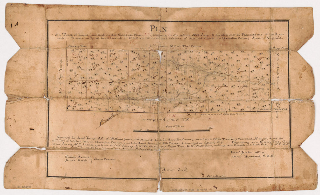 This old map of Plan of a Tract of Land (marked In the General Plan No. 7), Containing In the Whole 5000 Acres, &amp; Divided Into 20 Plantations of 250 Acres Each, Situate On a Left Hand Branch of Elk River, &amp; On the Head Waters of Salt Lick Creek, In Harri