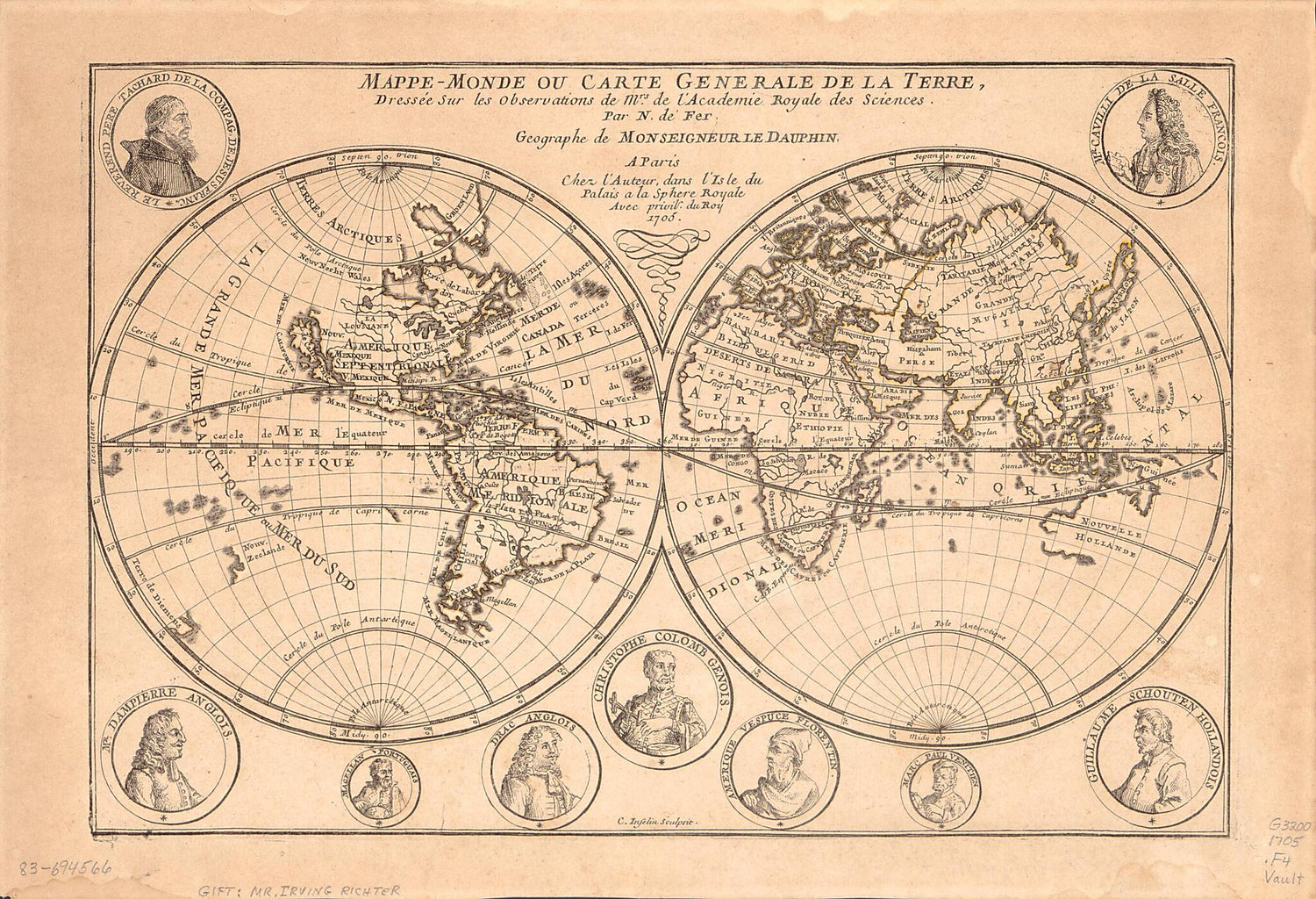 This old map of Monde Ou Carte Générale De La Terre from 1705 was created by Nicolas De Fer in 1705