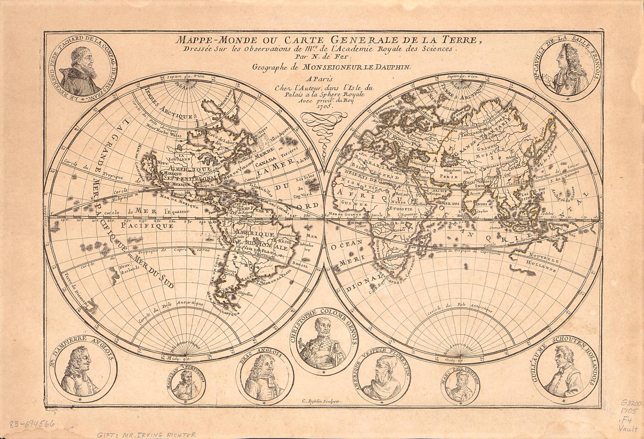 This old map of Monde Ou Carte Générale De La Terre from 1705 was created by Nicolas De Fer in 1705