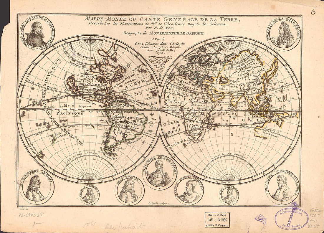 This old map of Monde Ou Carte Générale De La Terre from 1705 was created by Nicolas De Fer in 1705