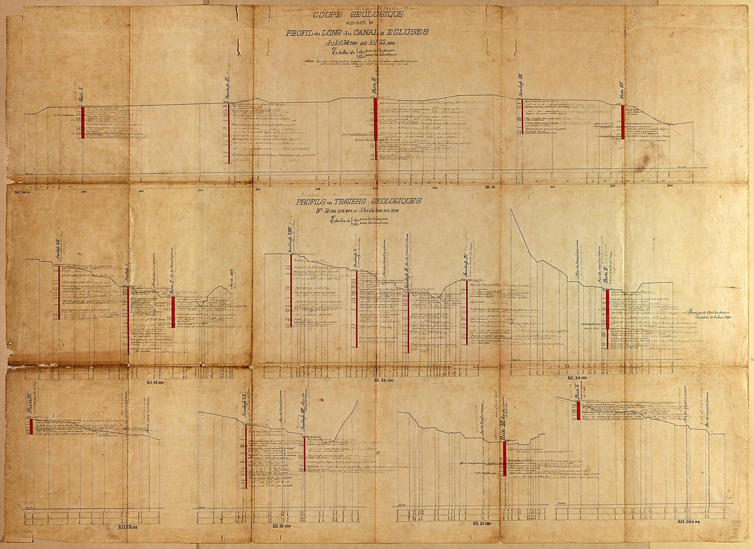 This old map of Coupe Geologique Suivant Le Profil En Long Du Canal à Ecluses Du Kil. 54.200 Au Kil. 55.340, Echelles De 1/1000 Pour Les Longueurs et 1/500 Pour Les Hauteurs : Panama Canal ; Profils En Travers Geologiques, Nos. 54.300, 550, 800 Et 55.04