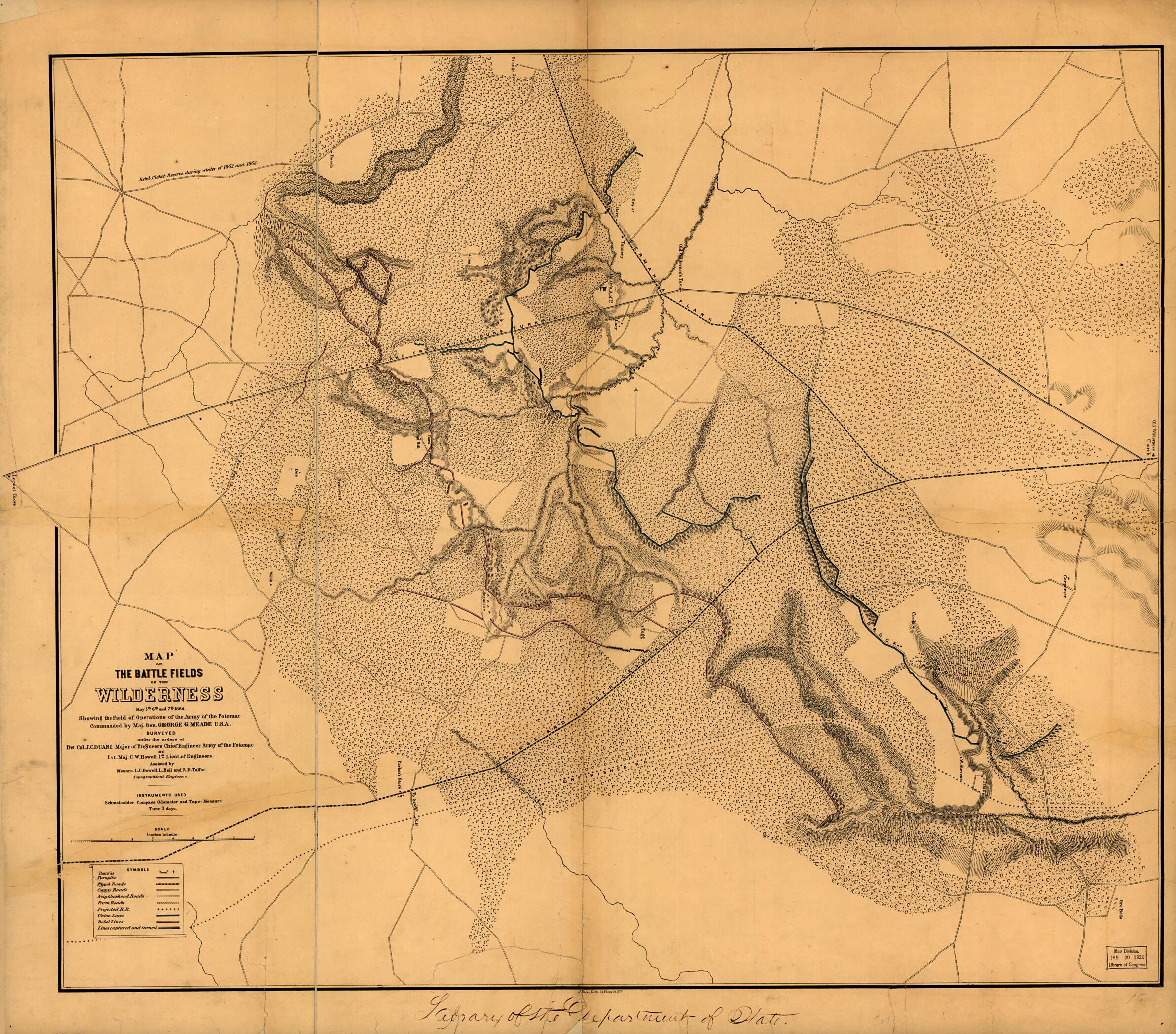 This old map of Map of the Battle Fields of the Wilderness, May 5th, 6th, and 7th, 1864 : Showing the Field of Operations of the Army of the Potomac Commanded by Maj. Gen. George G. Meade, U.S.A. (Battle Fields of the Wilderness, May 5th, 6th, and 7th, 1