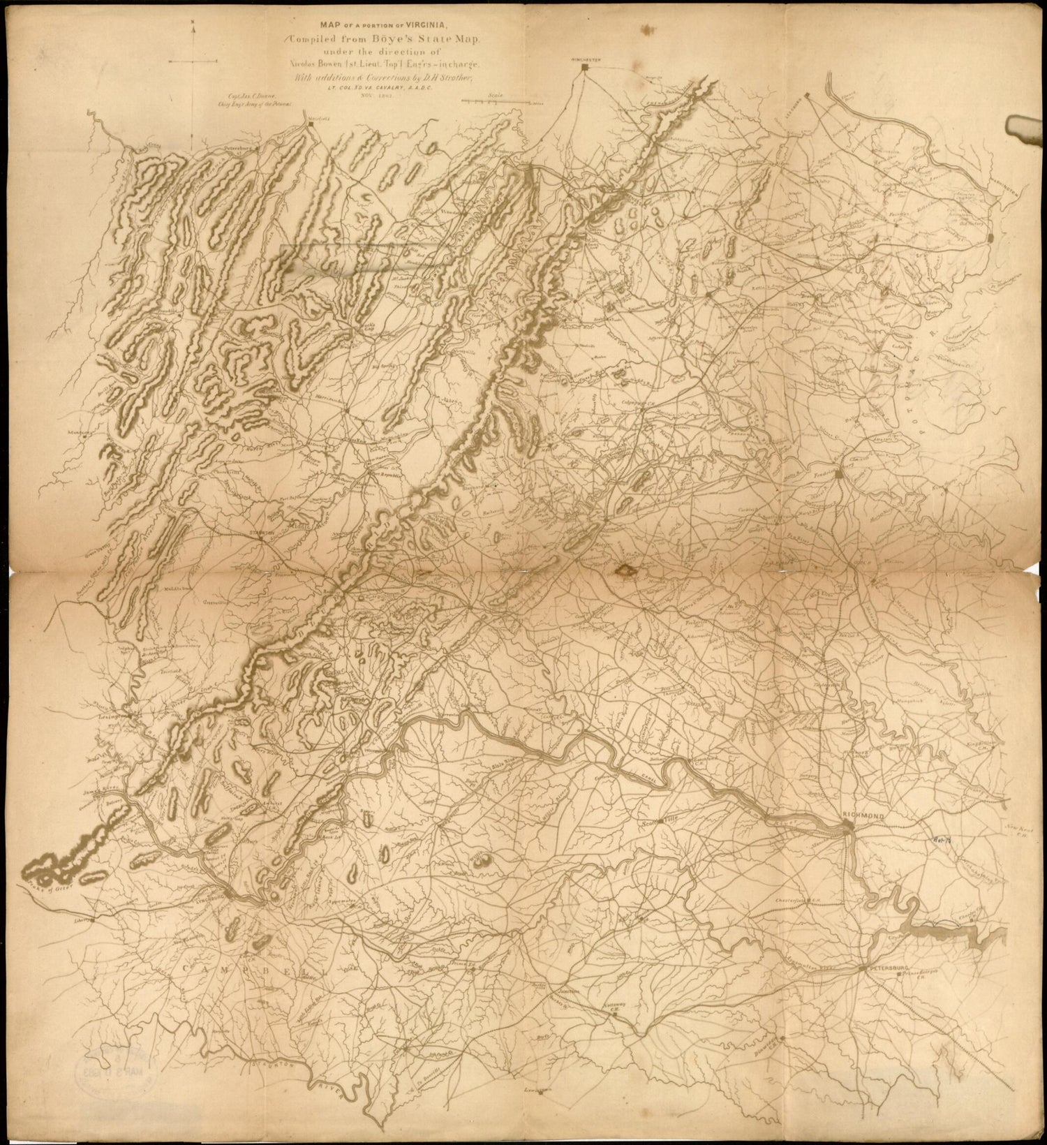 This old map of Map of a Portion of Virginia from 1862 was created by Nicolas Bowen, James C. (James Chatham) Duane, O. M. (Orlando Metcalfe) Poe, David Hunter Strother in 1862