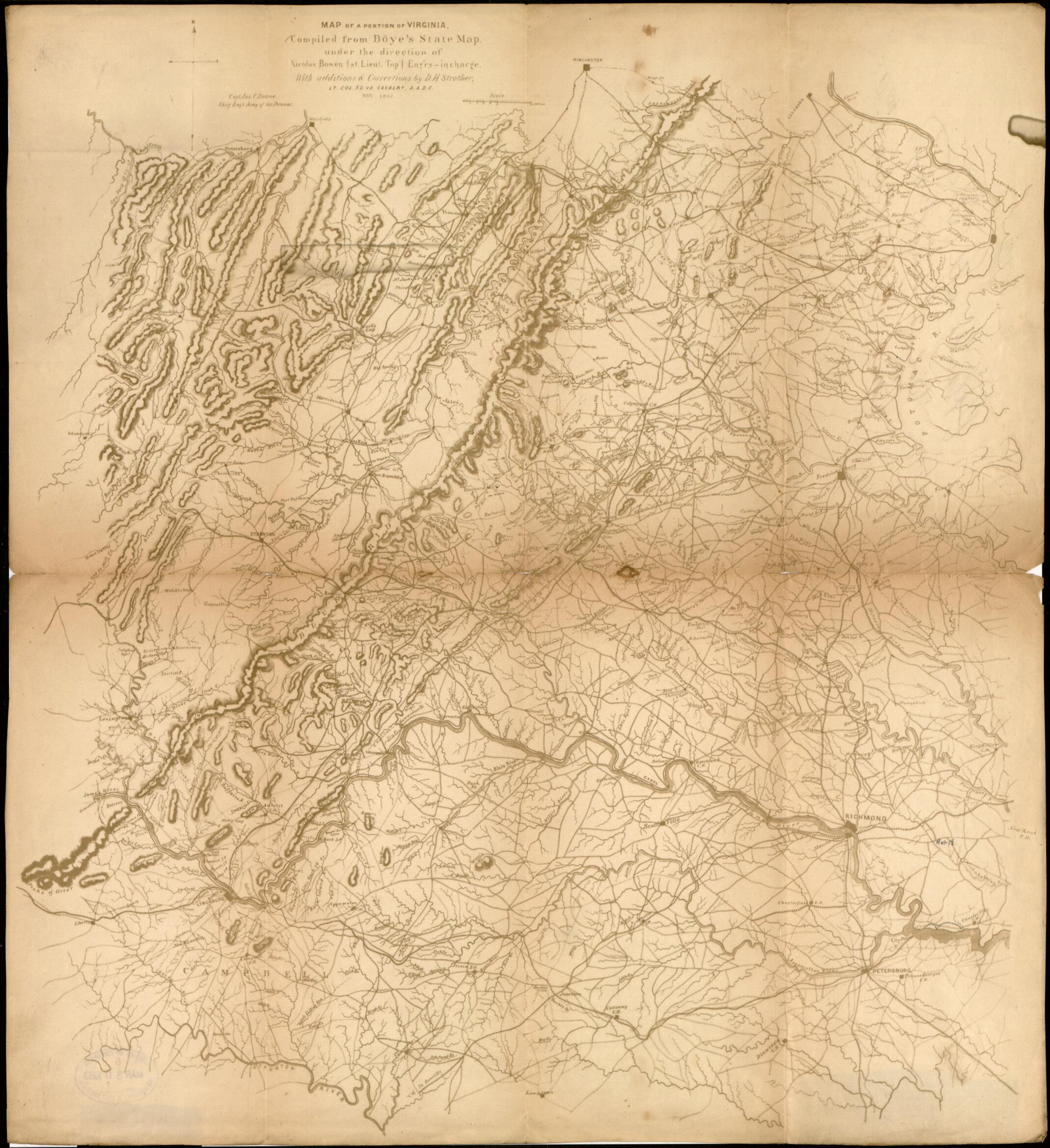 This old map of Map of a Portion of Virginia from 1862 was created by Nicolas Bowen, James C. (James Chatham) Duane, O. M. (Orlando Metcalfe) Poe, David Hunter Strother in 1862