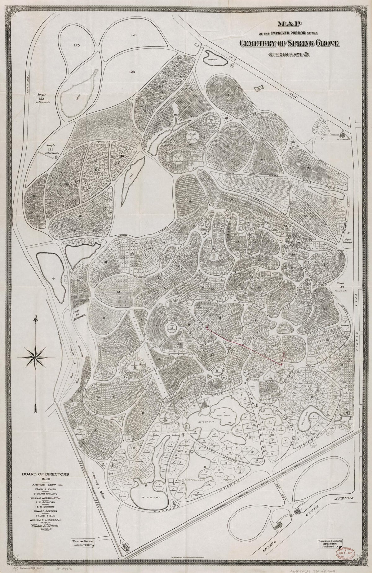 Map of the Improved Portion of the Cemetery of Spring Grove, Cincinnati, Ohio 1920 by Relic Map Company