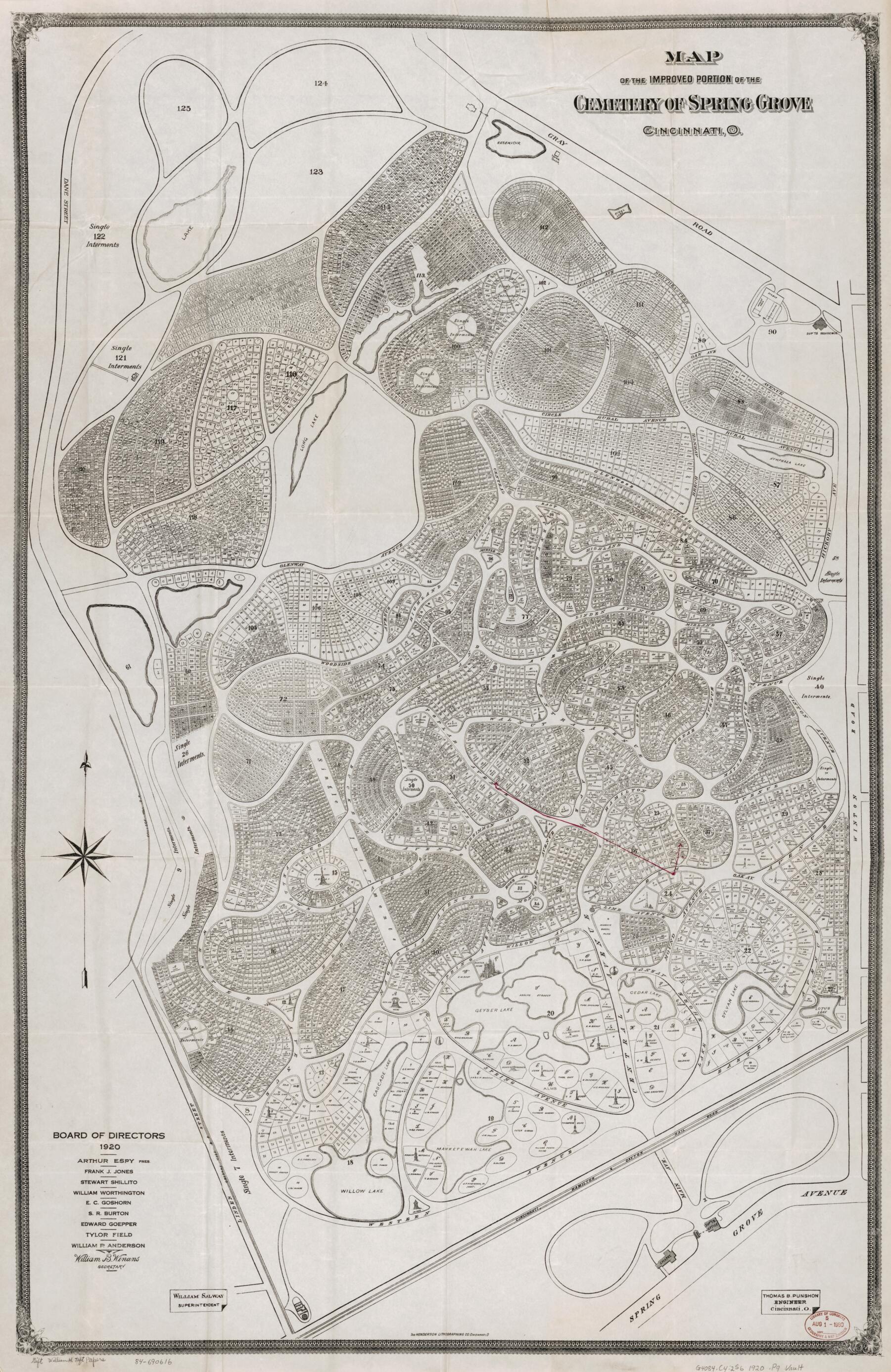 This old map of Map of the Improved Portion of the Cemetery of Spring Grove, Cincinnati, Ohio from 1920 was created by  Henderson Lithographing Co, Thomas B. Punshon, William H. (William Howard) Taft in 1920